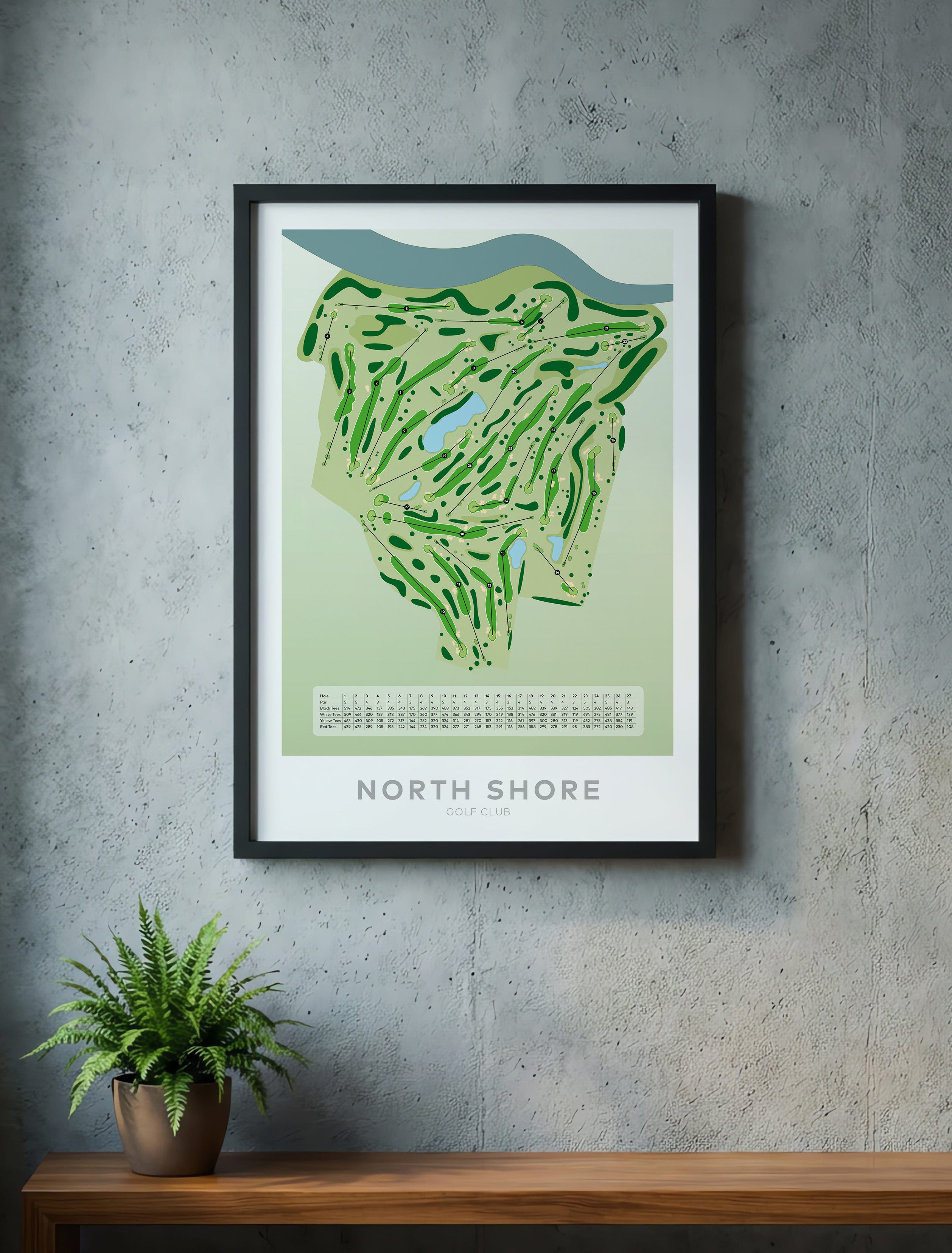 Black framed Minimalist fine art map of North Shore Golf Course, Auckland, New Zealand