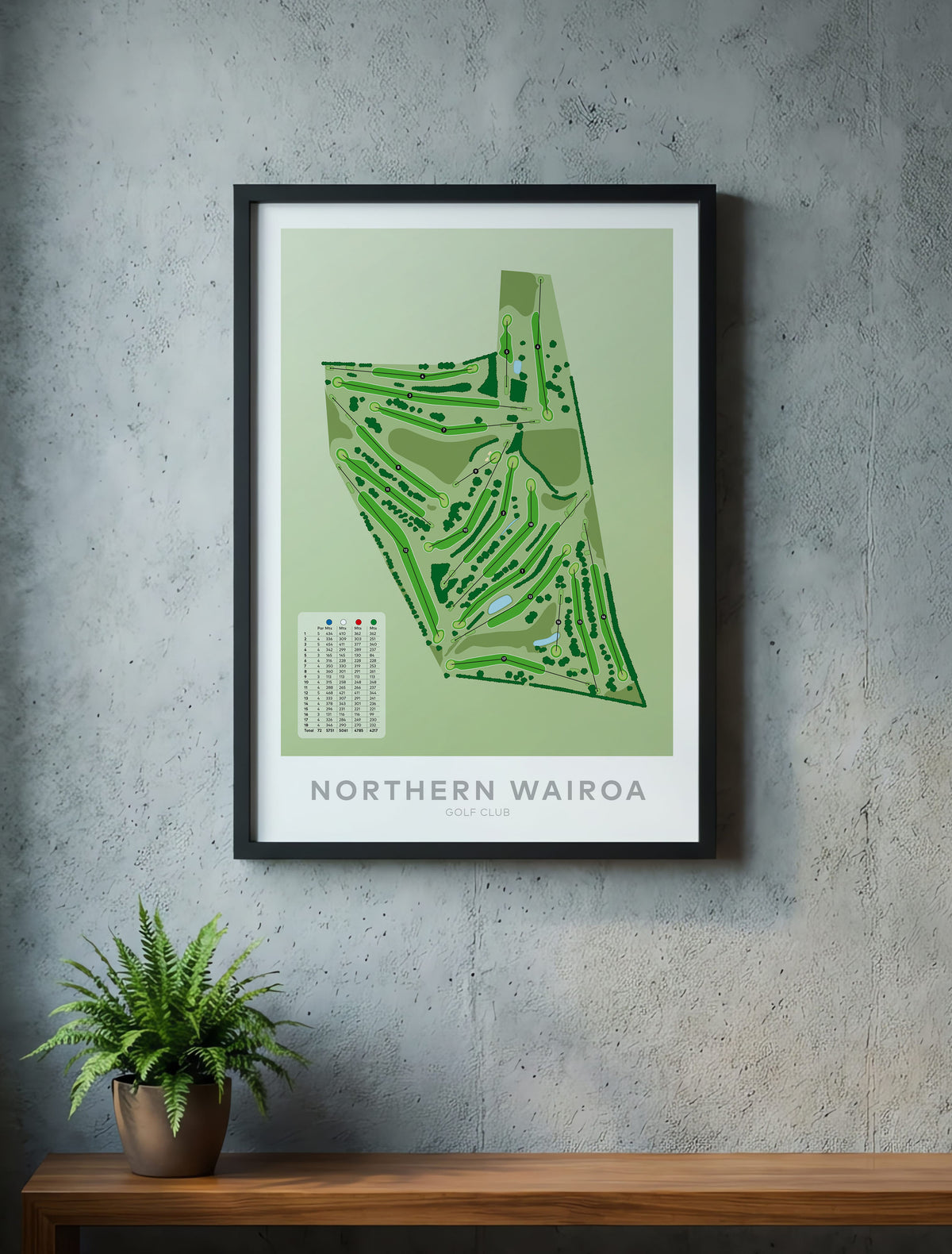 Black framed minimalist fine art map of Northern Wairoa Golf Course, Northland, New Zealand