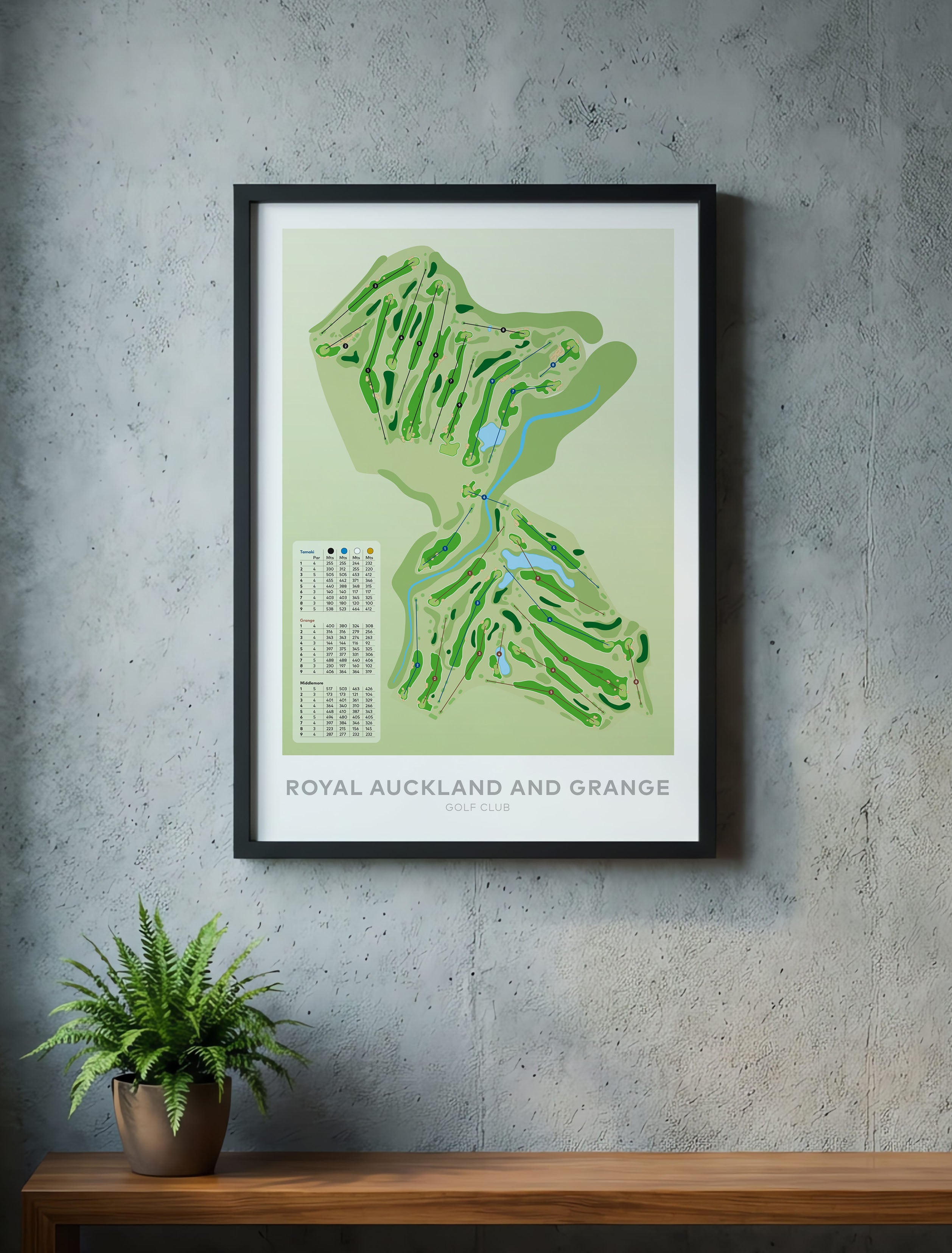 Black framed Minimalist fine art map of Royal Auckland and Grange Golf Course, Auckland, New Zealand