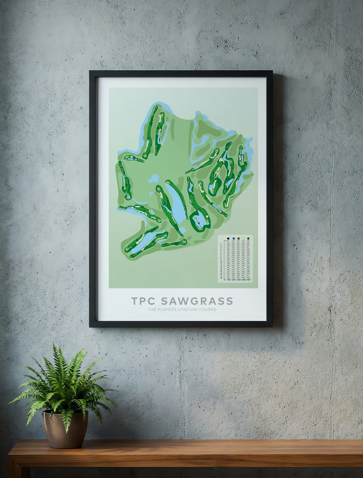 Black framed Minimalist fine art map of TPC Sawgrass Golf Course, Ponte Vedra Beach, Florida, USA