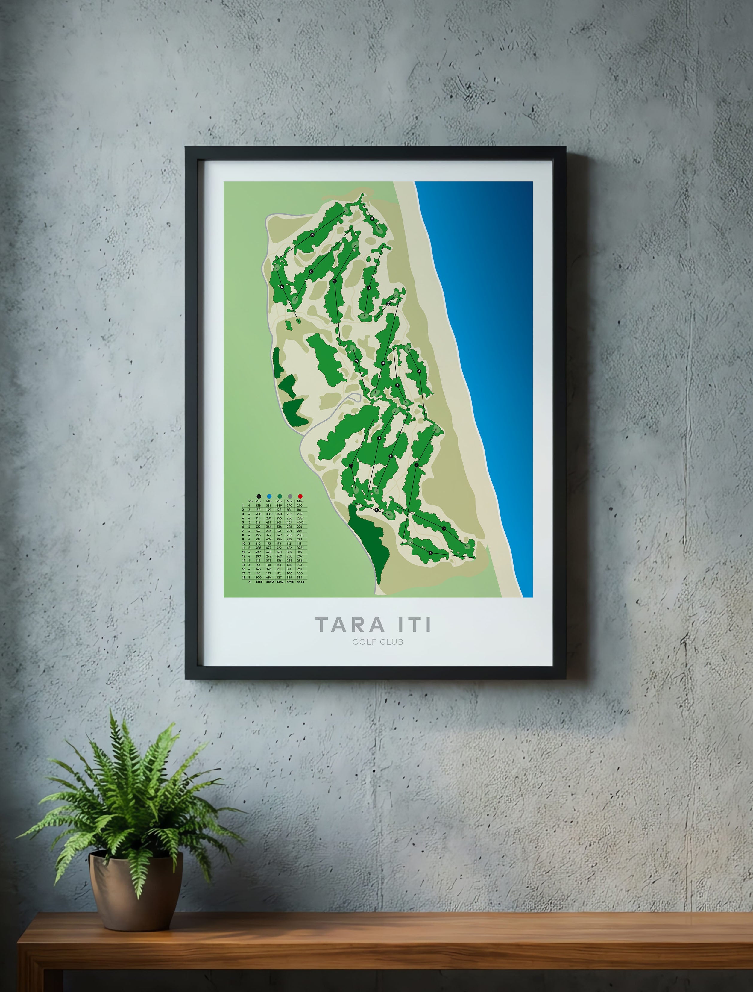 Black framed Minimalist fine art map of Tara Iti Golf Course, Northland, New Zealand