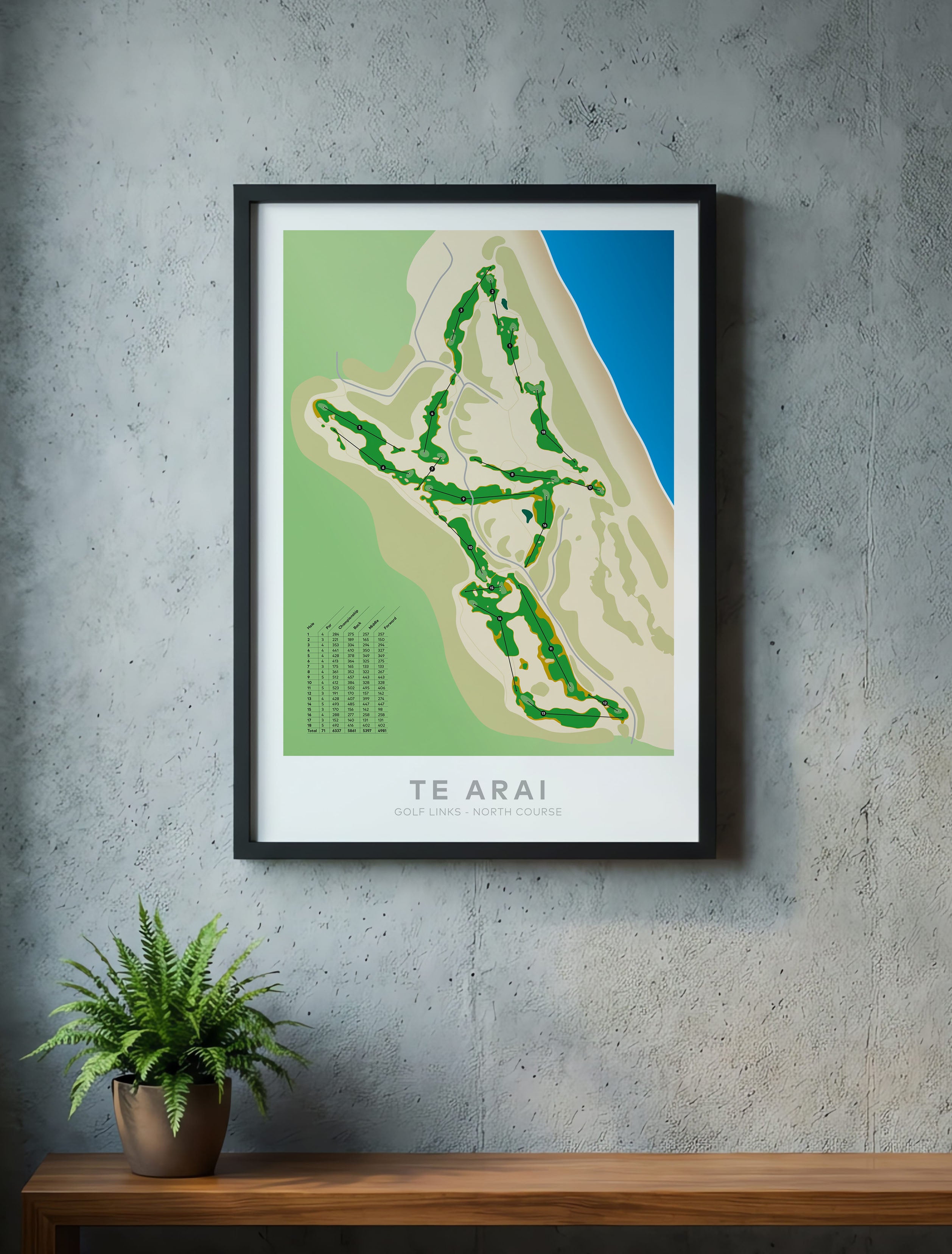 Black framed Minimalist fine art map of Te Arai - North Golf Course, Northland, New Zealand