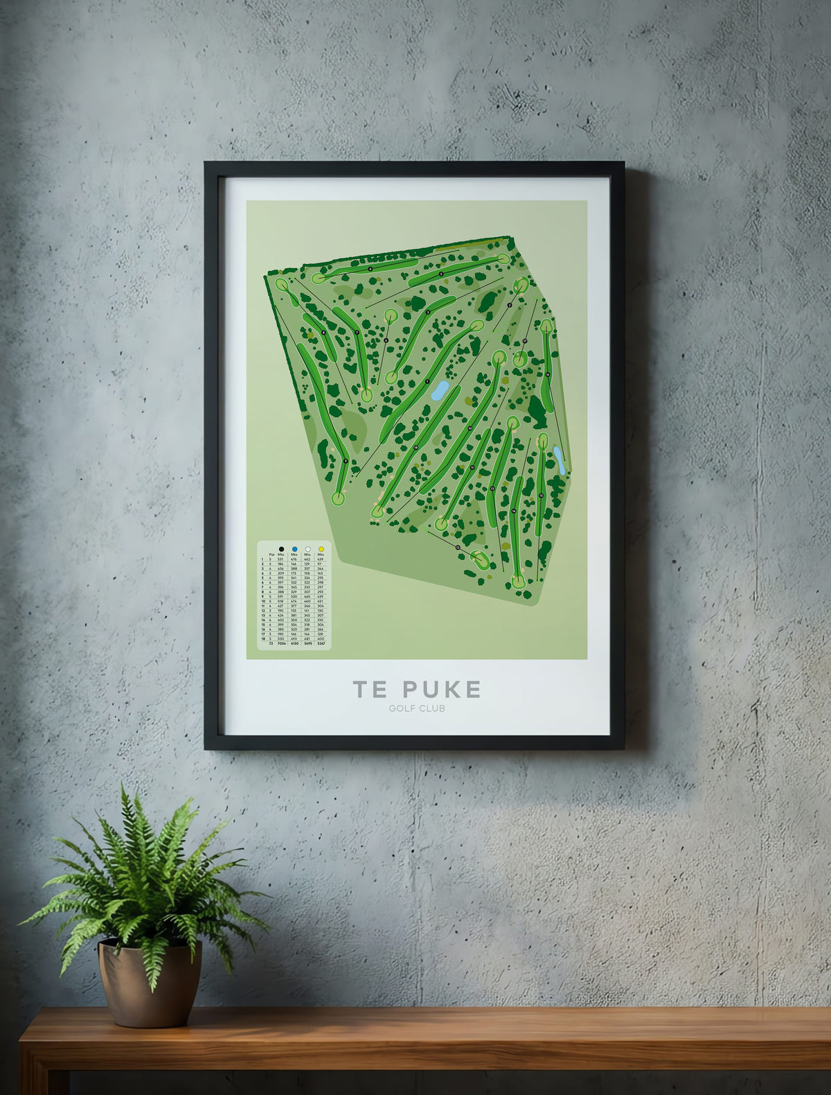 Black framed Minimalist fine art map of Te Puke Golf Course, Bay of Plenty, New Zealand