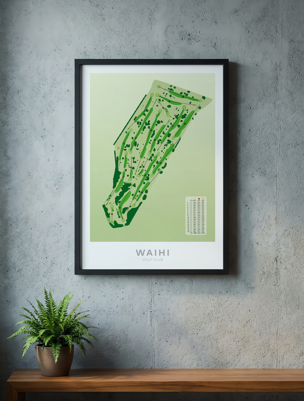 Black framed Minimalist fine art map of Waihi Golf Course, Hauraki District, New Zealand