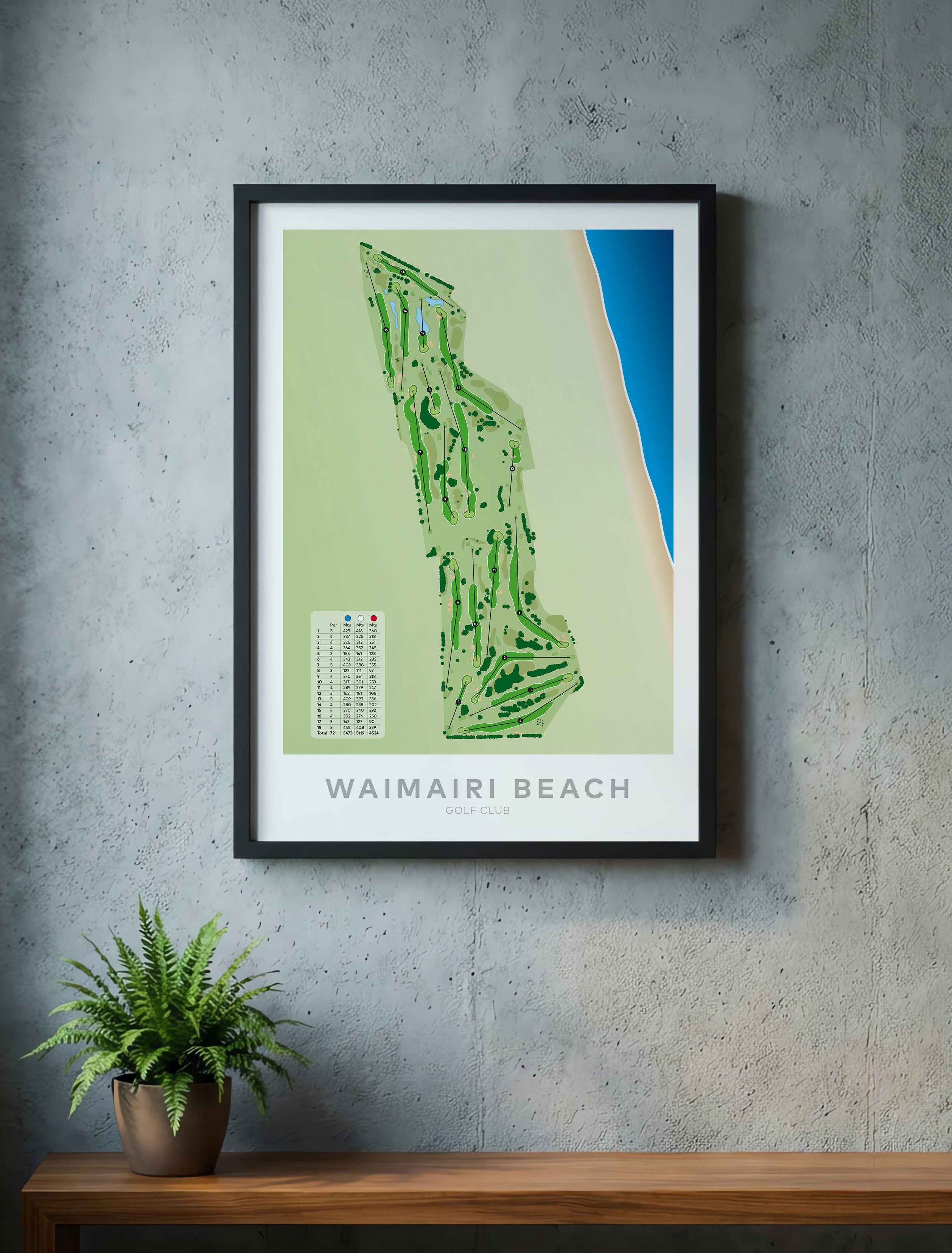 Black framed Minimalist fine art map of Waimairi Beach Golf Course, Christchurch, Canterbury, New Zealand