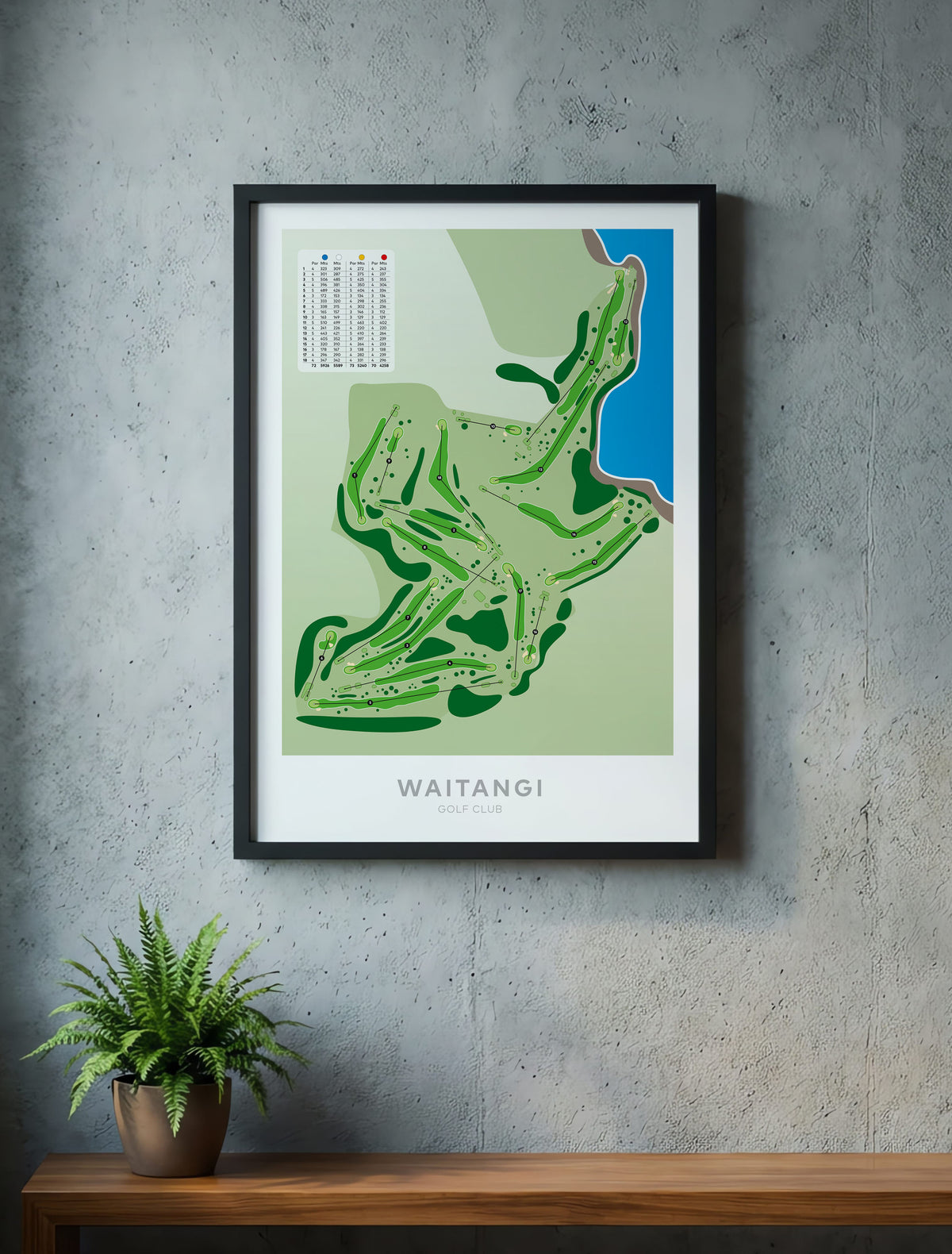 Black framed Minimalist fine art map of Waitangi Golf Course, Northland, New Zealand