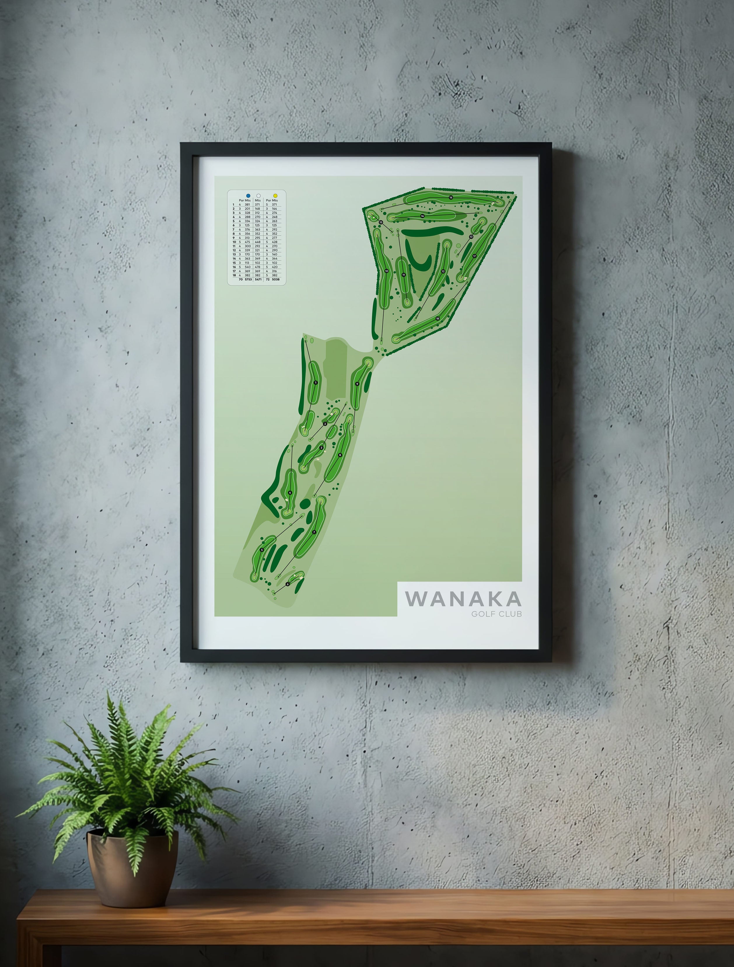 Black framed Minimalist fine art map of Wanaka Golf Course, Otago, Queenstown Lakes Region, New Zealand