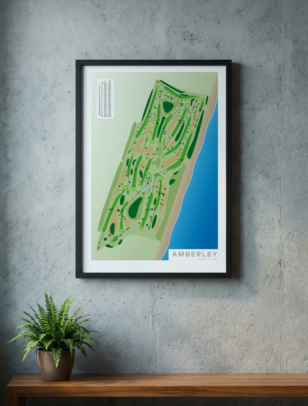 Black framed minimalist fine art map of Amberley Golf Course, Christchurch, Canterbury, New Zealand