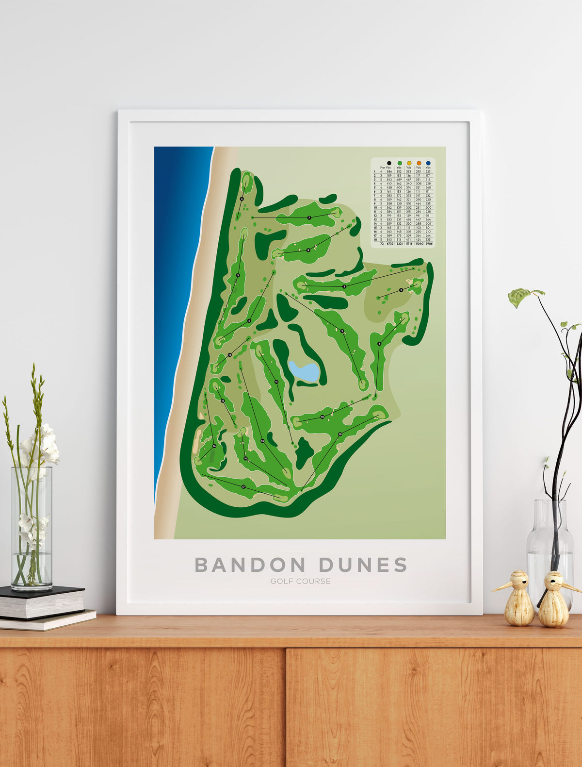 Black framed minimalist fine art map of Bandon Dunes Golf Course, Oregon, Pacific Northwest, Coos Country, USA