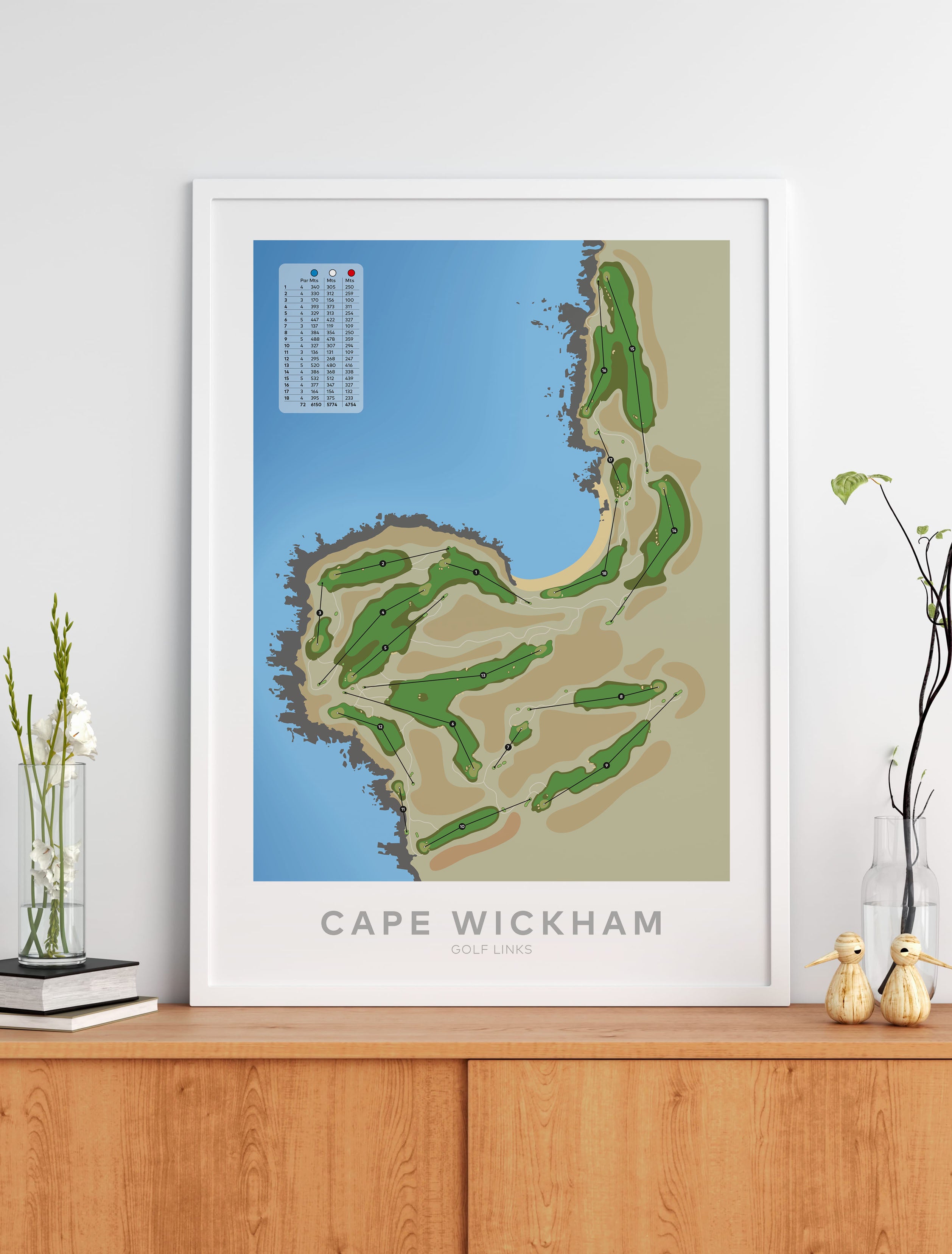 Black framed minimalist fine art map of Cape Wickham Golf Course, Tasmania, King Island, Australia -australia-golf-art