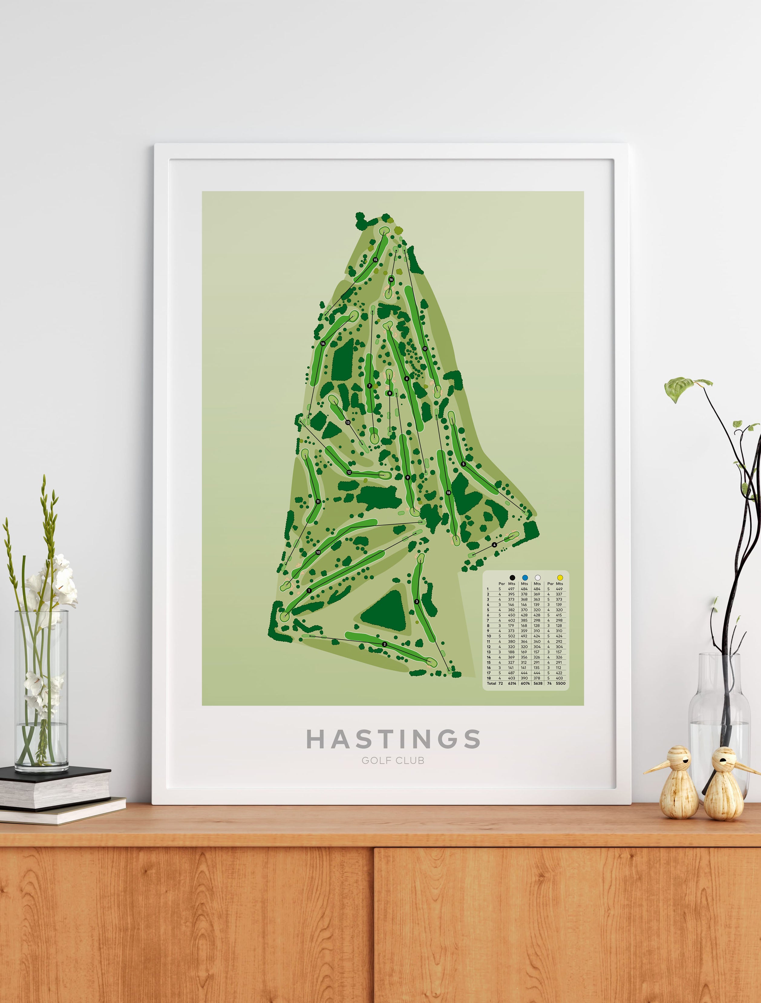 Black framed minimalist fine art map of Hastings Golf Course, Bridge Pa, Hawke’s Bay, New Zealand