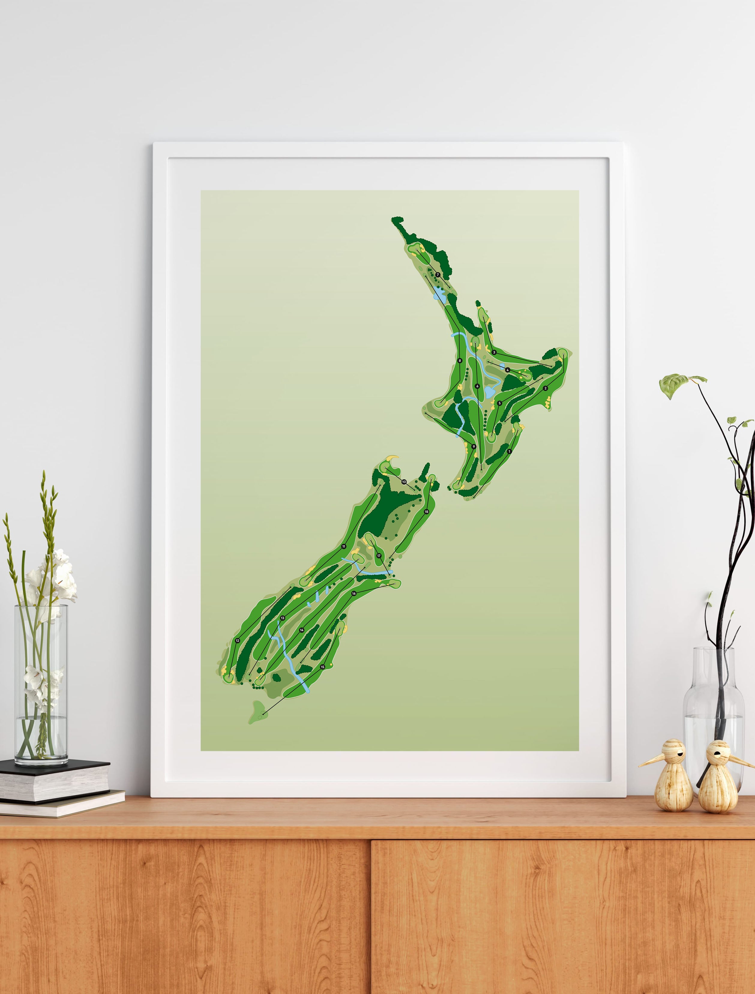 Black framed Minimalist fine art map of New Zealand Golf Course concept artwork
