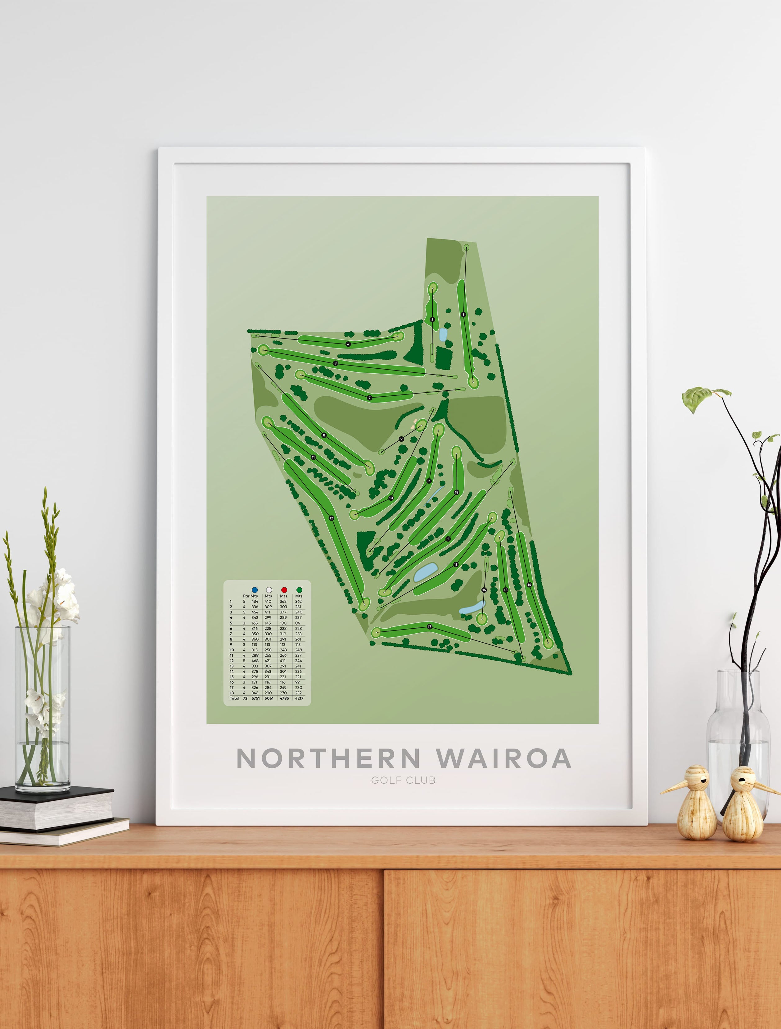 Black framed minimalist fine art map of Northern Wairoa Golf Course, Northland, New Zealand