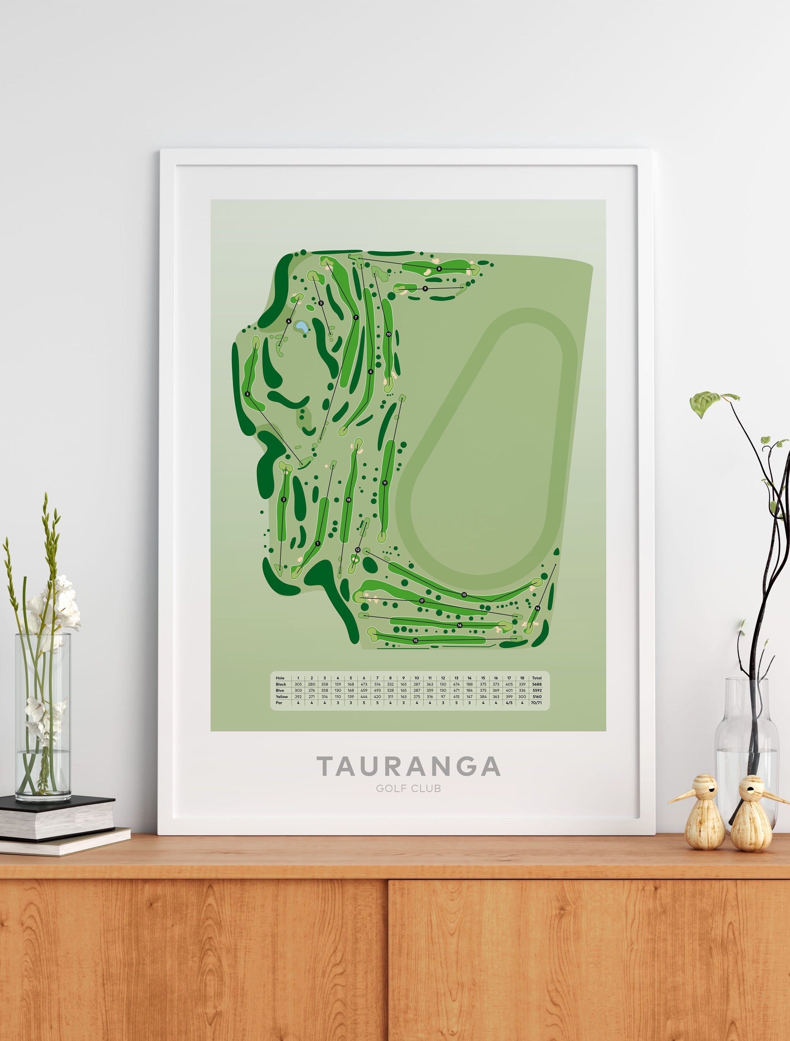 Black framed Minimalist fine art map of Tauranga Golf Course, Bay of Plenty, New Zealand