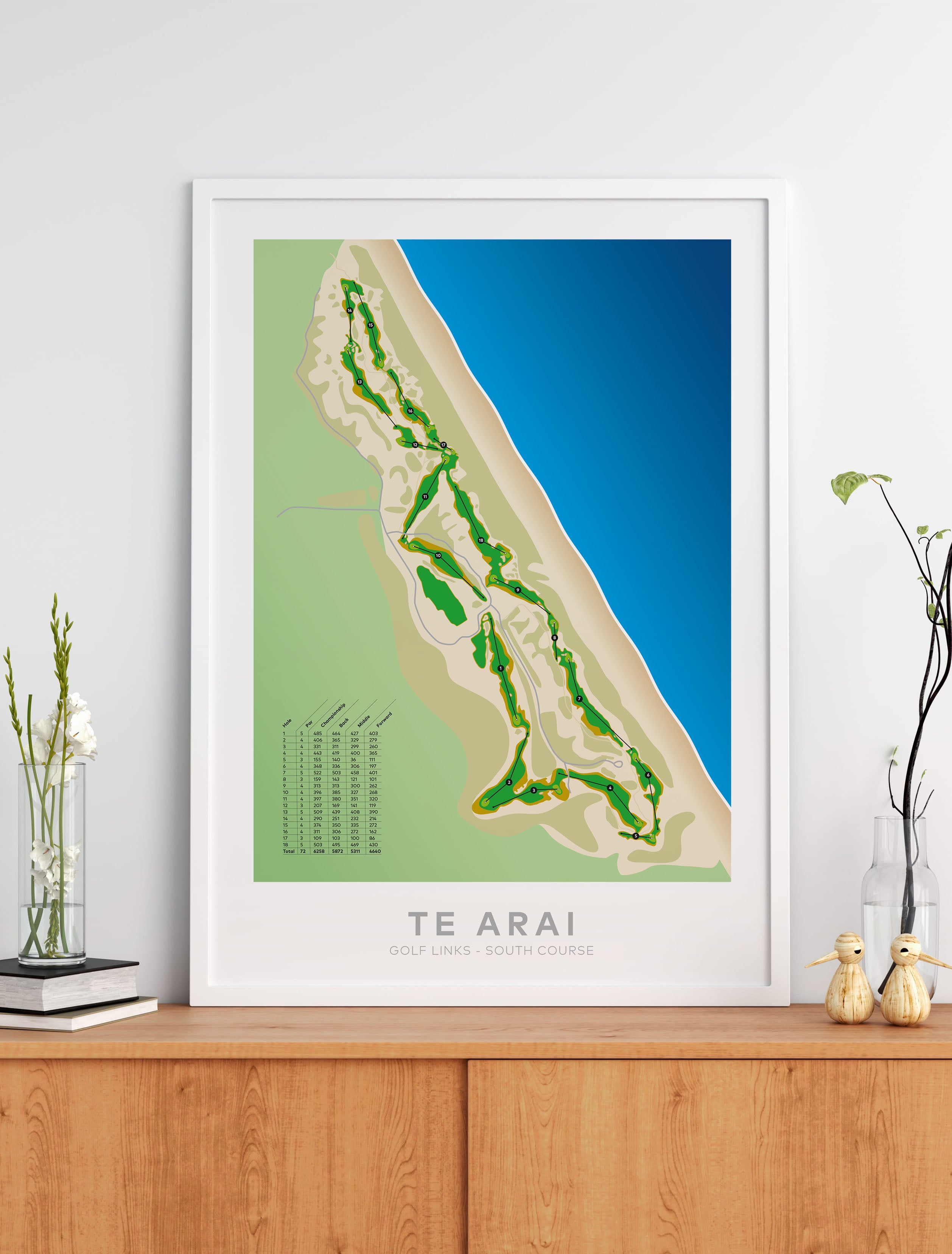 Black framed Minimalist fine art map of Te Arai - South Golf Course, Northland, New Zealand