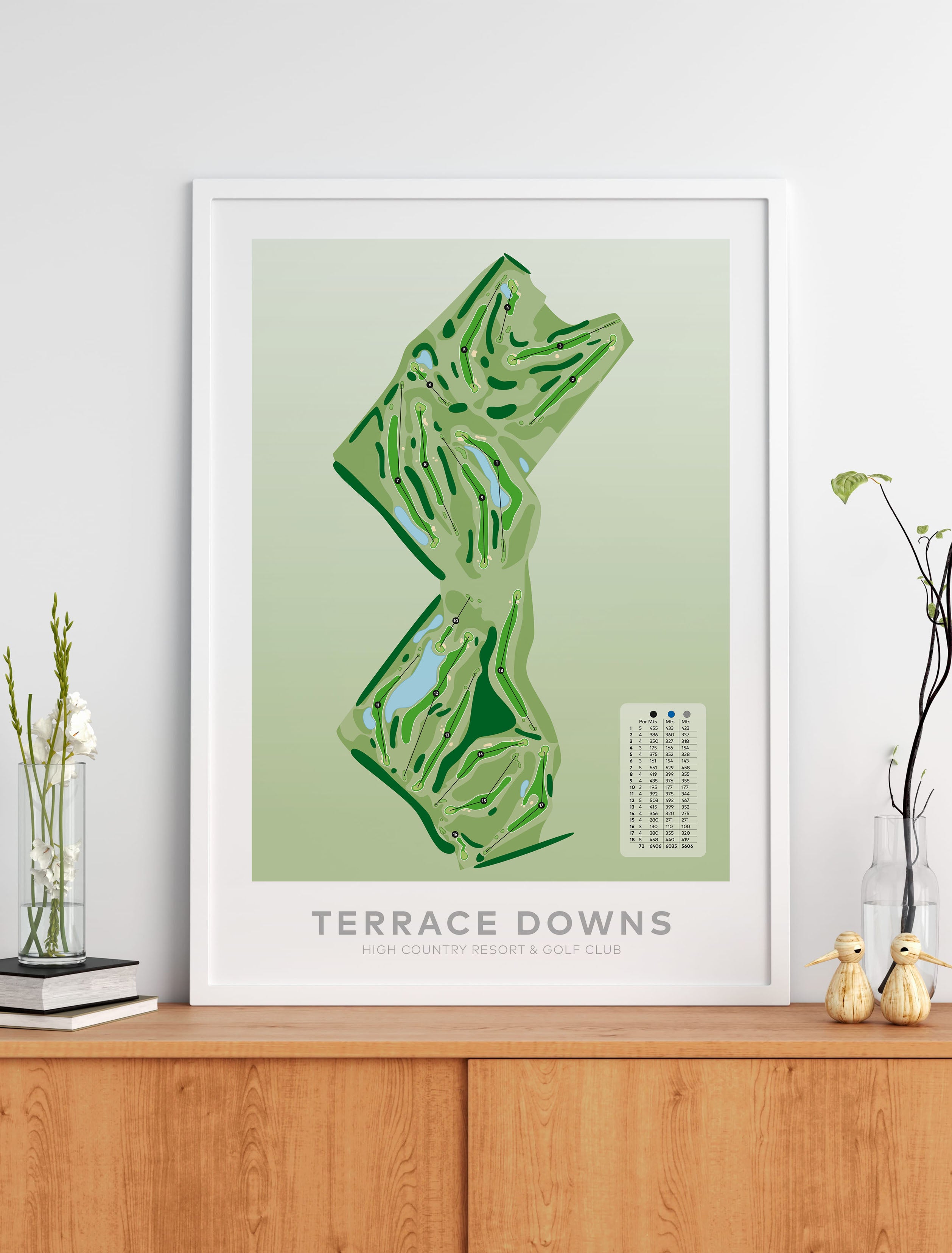 Black framed Minimalist fine art map of Terrace Downs Golf Course, Canterbury, New Zealand