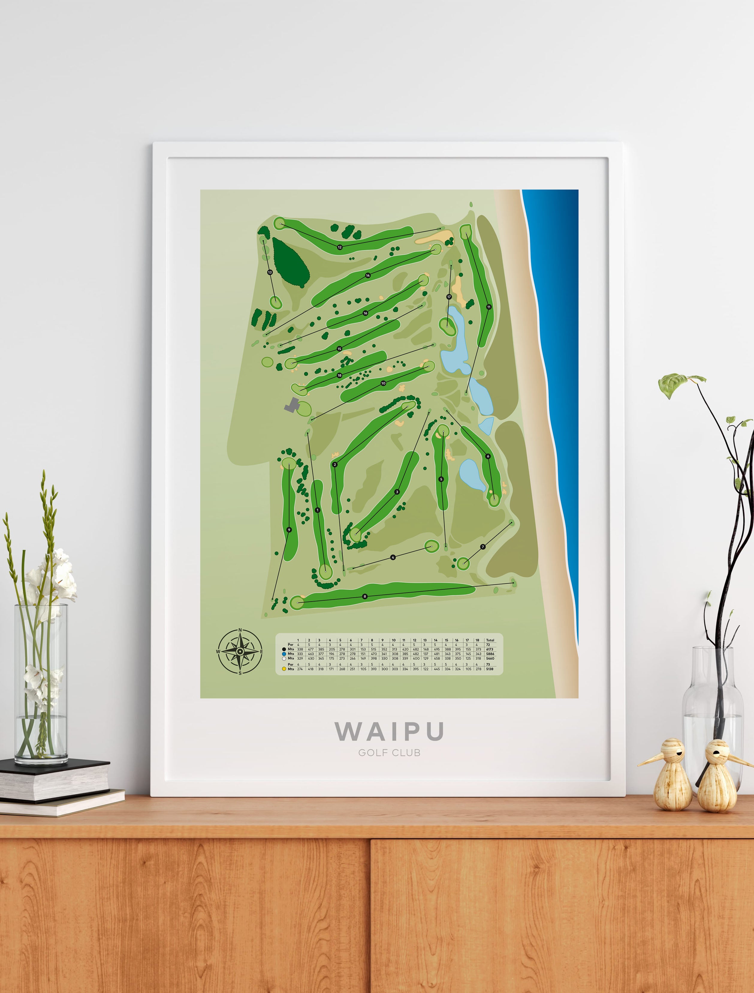 Black framed Minimalist fine art map of Waipu Golf Course, Northland, New Zealand