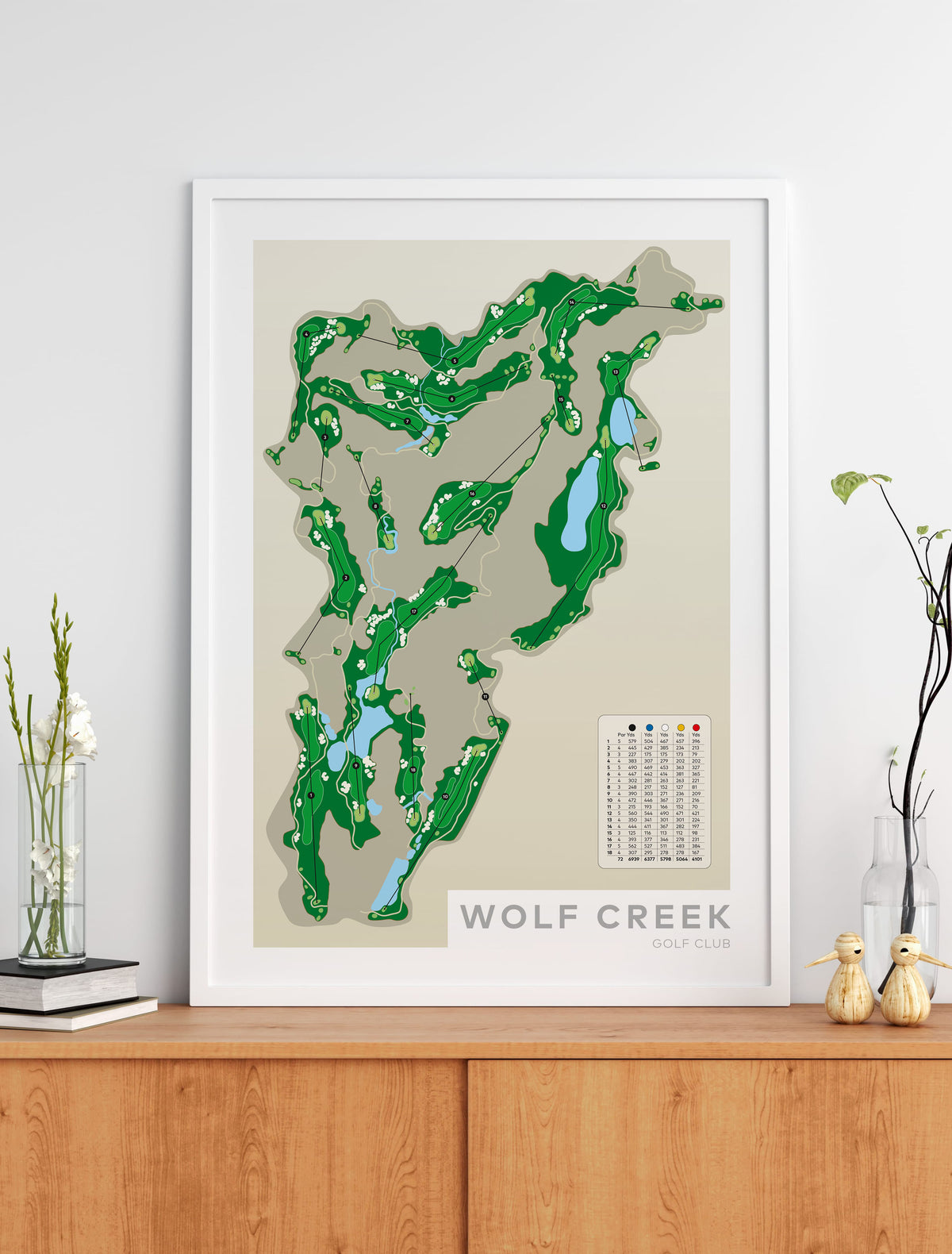 Black framed Minimalist fine art map of Wolf Creek Golf Course, Nevada USA