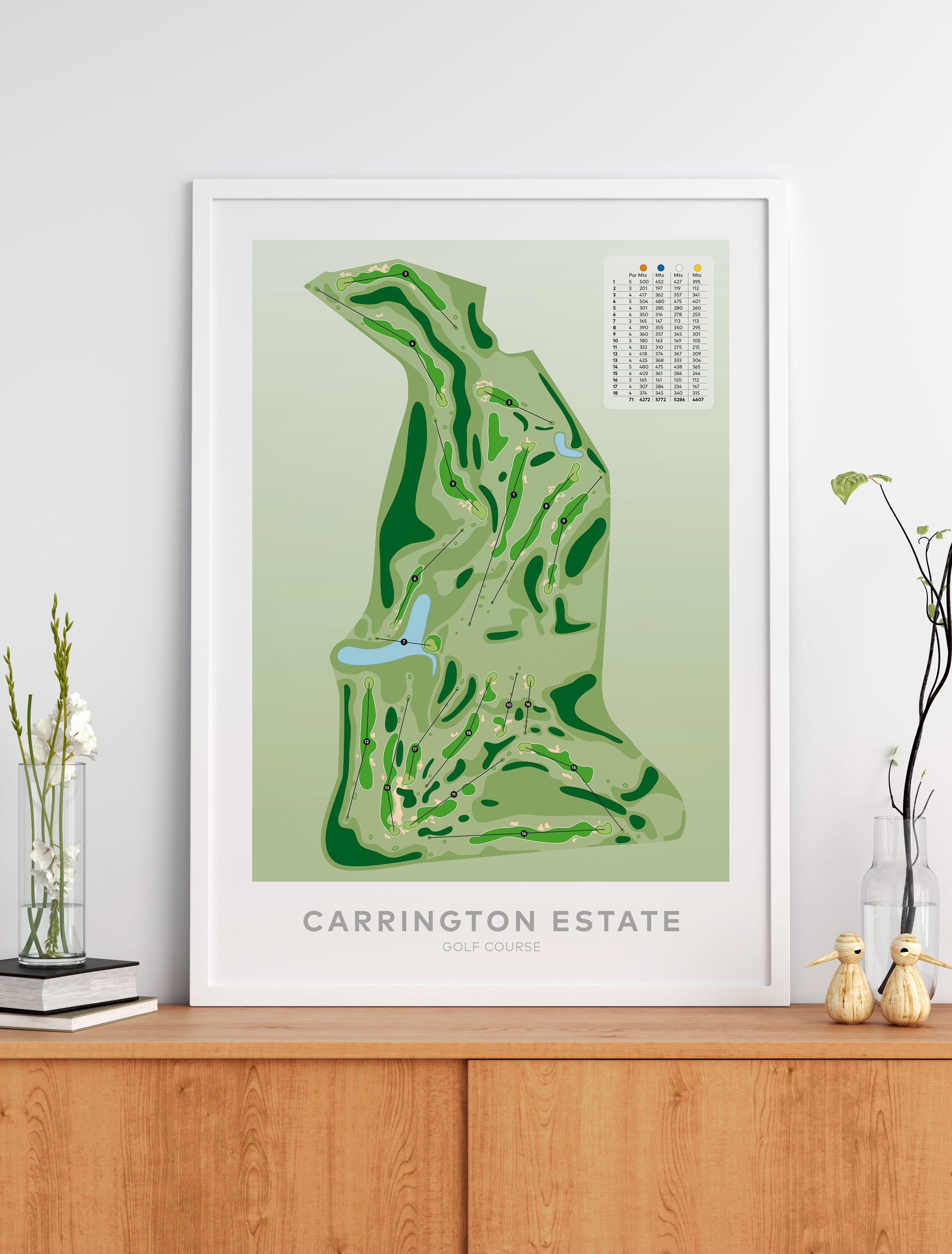 Black framed minimalist fine art map of Carrington Estate Golf Course, Northland, New Zealand