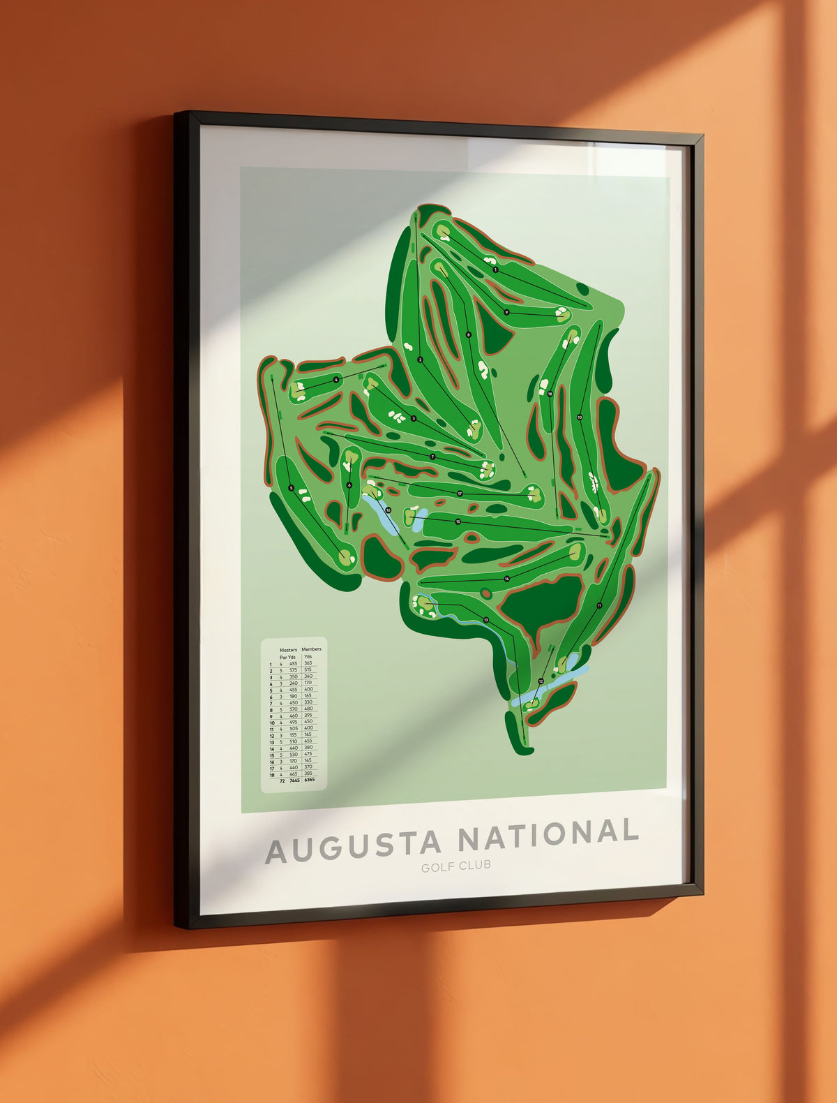 Black framed minimalist fine art map of Augusta National Golf Course, Georgia, Southeast, Richmond County, USA