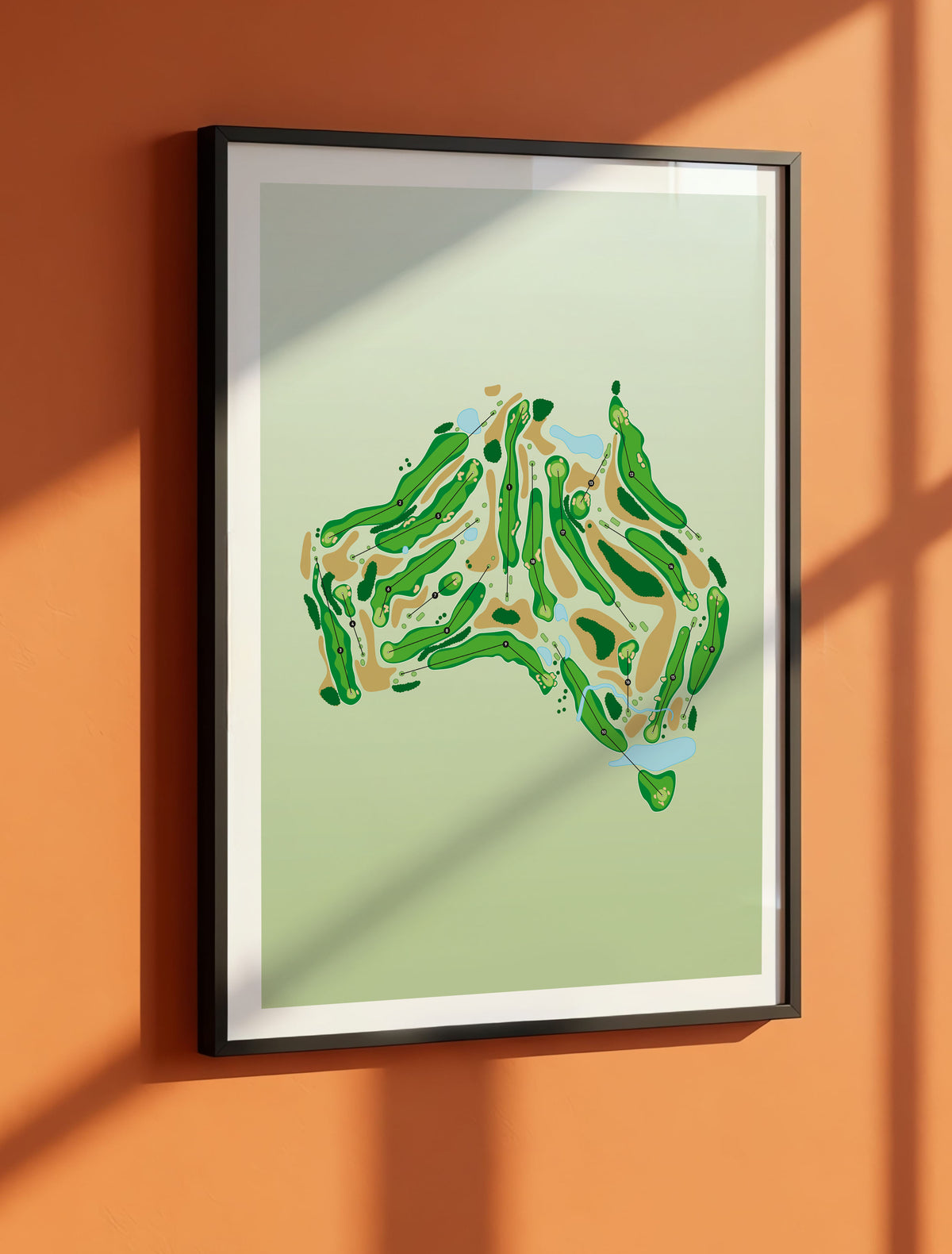 Black framed minimalist fine art map of Australia Golf Course, concept artwork