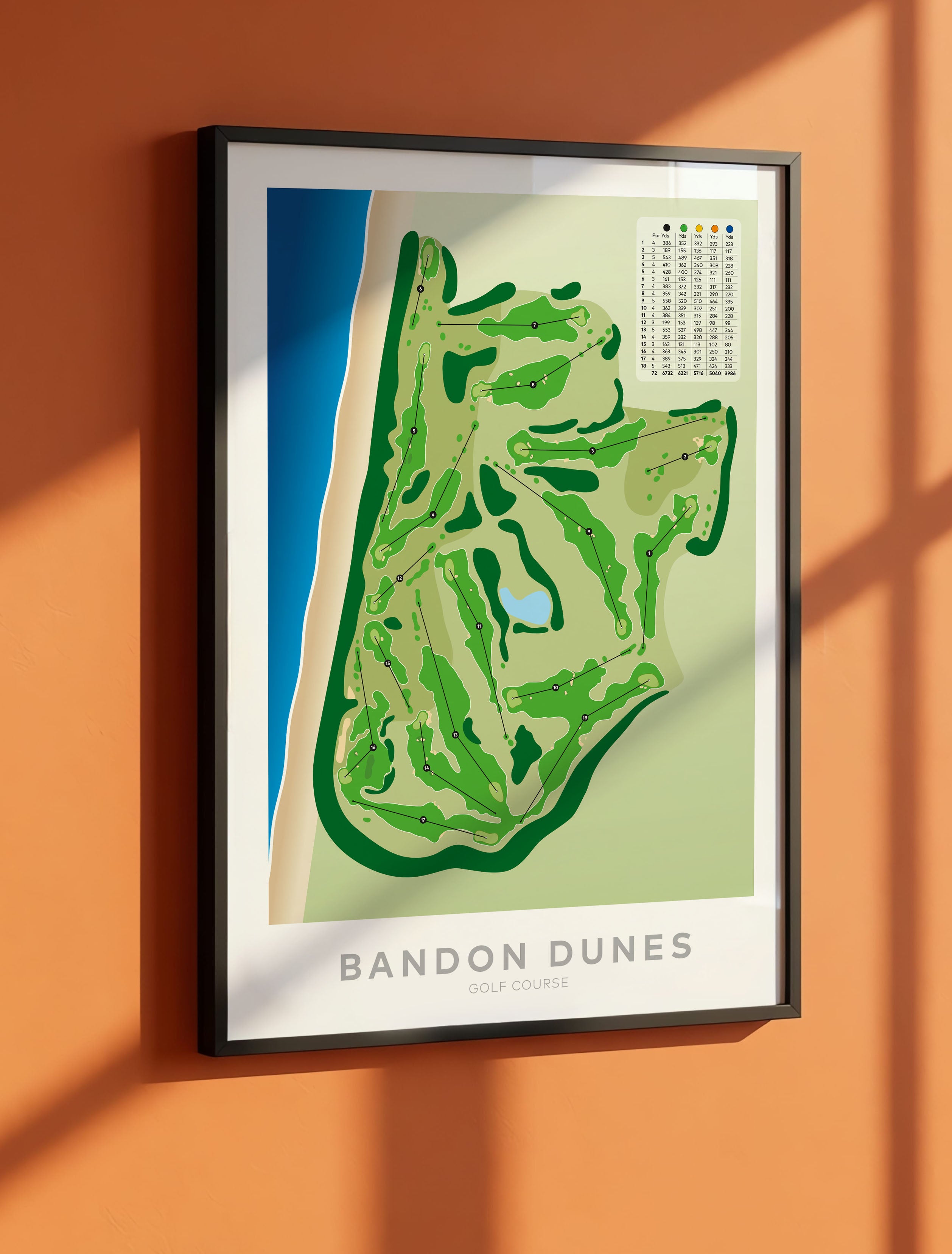 Black framed minimalist fine art map of Bandon Dunes Golf Course, Oregon, Pacific Northwest, Coos Country, USA