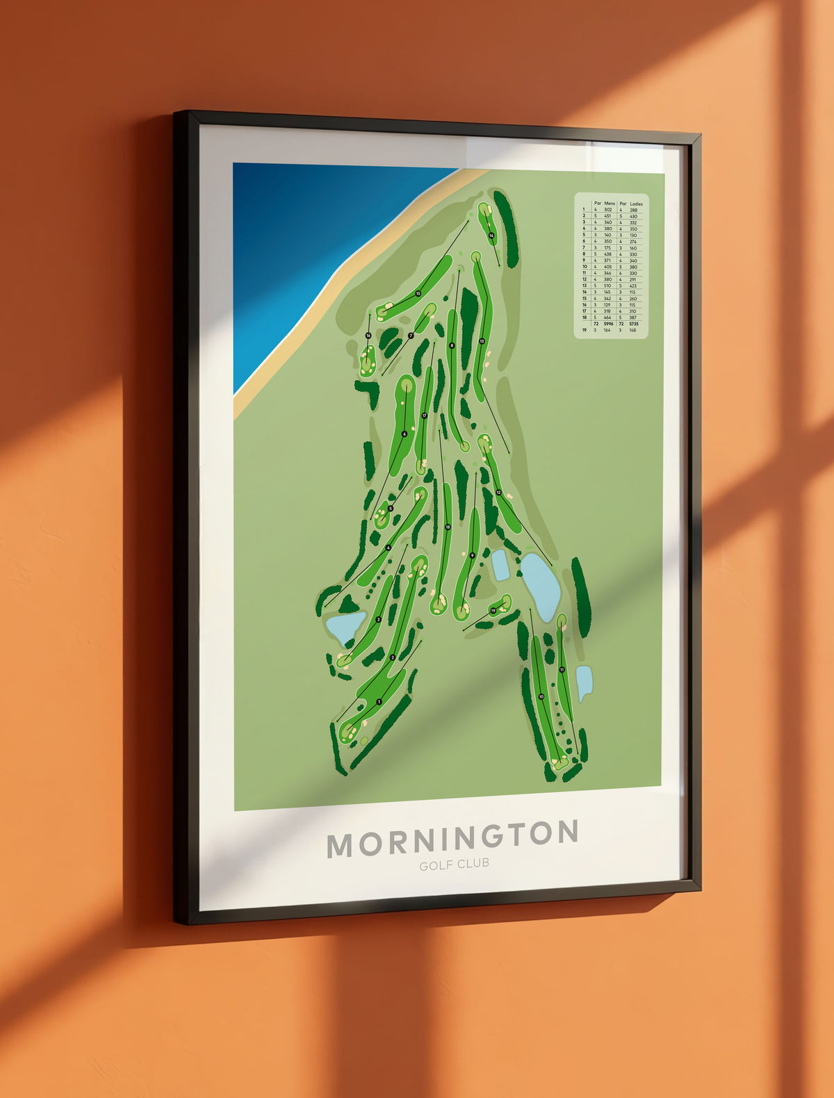 Black framed minimalist fine art map of Mornington (VIC) Golf Course, Melbourne, Victoria, Australia-australia-golf-art