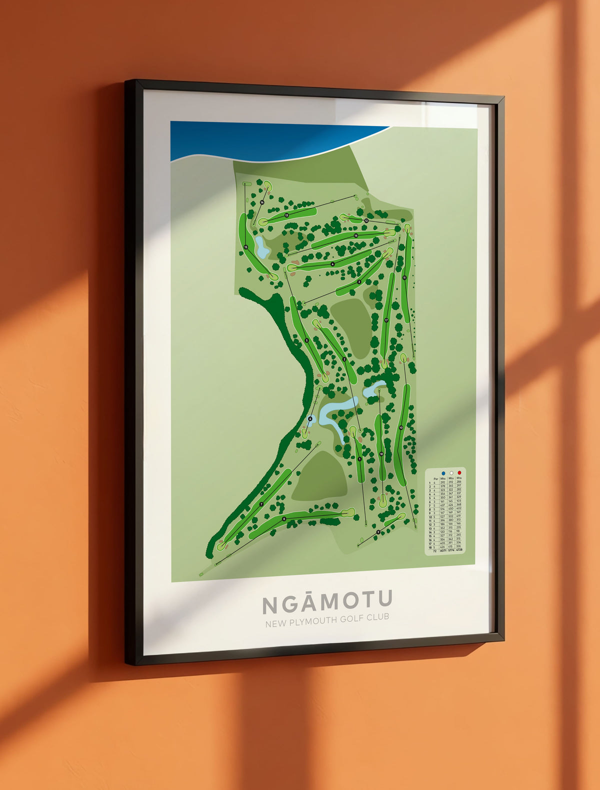 Black framed minimalist fine art map of Ngamotu - New Plymouth Golf Course, Taranaki, New Zealand