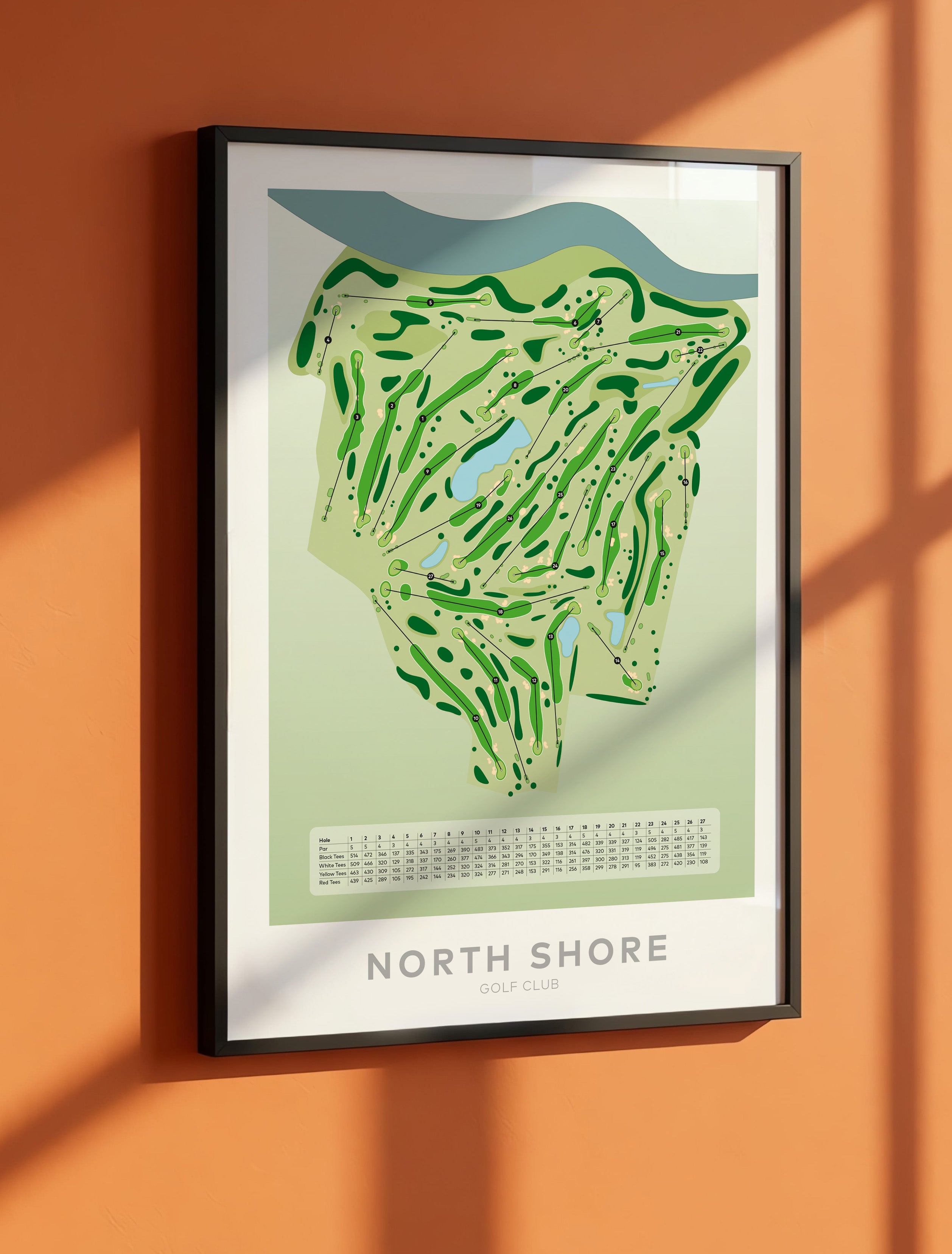 Black framed Minimalist fine art map of North Shore Golf Course, Auckland, New Zealand