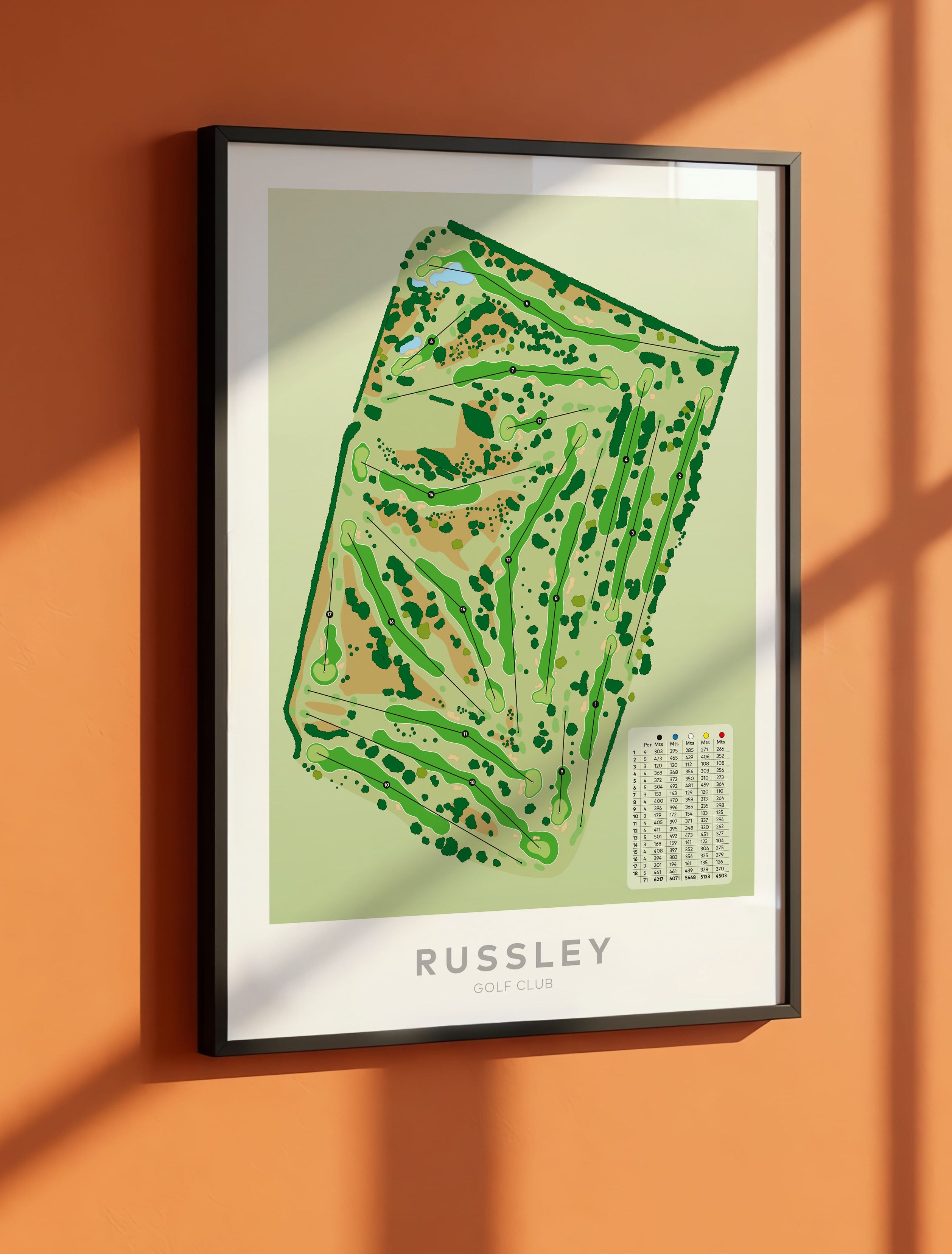 Black framed Minimalist fine art map of Russley Golf Course, Christchurch, Canterbury, New Zealand
