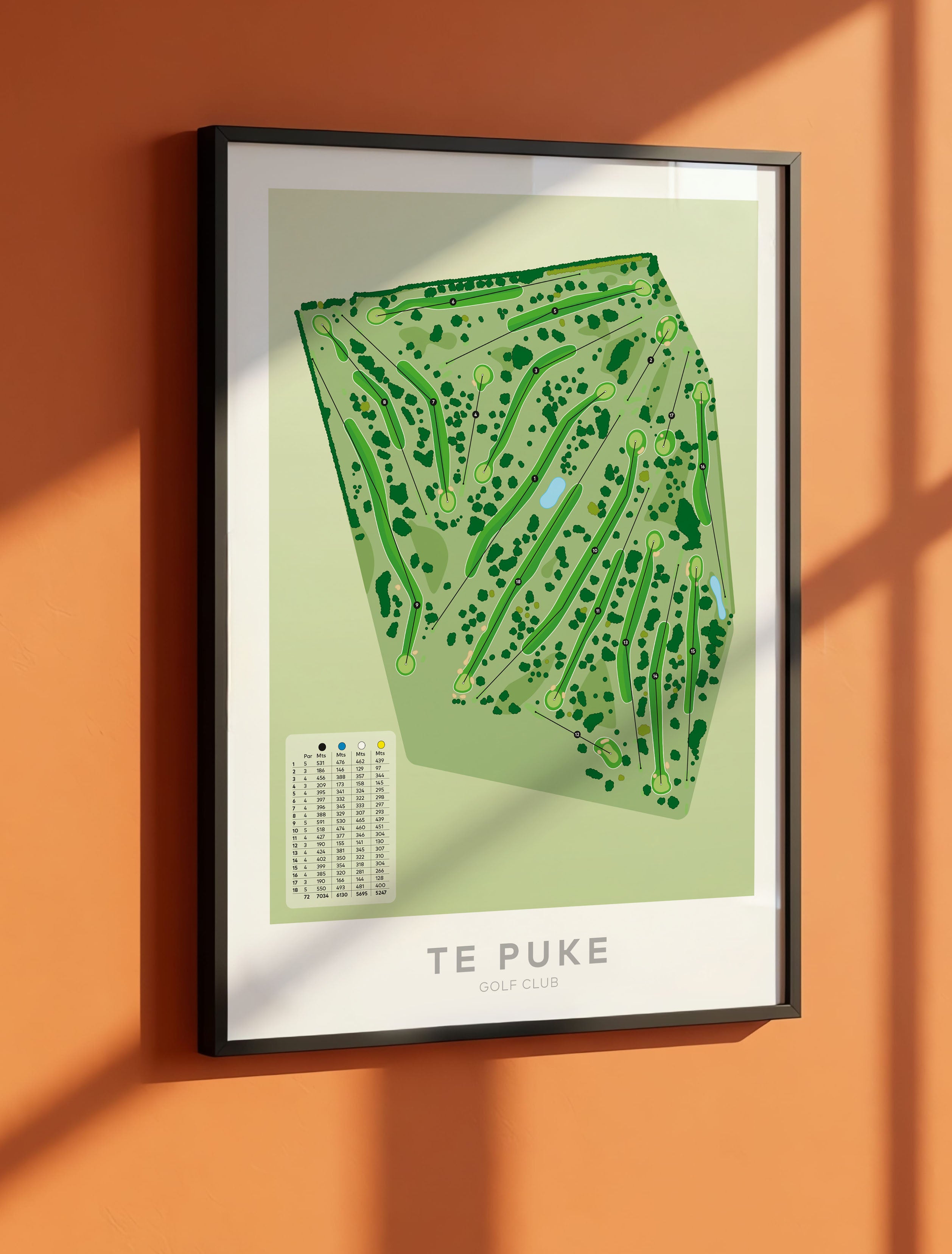 Black framed Minimalist fine art map of Te Puke Golf Course, Bay of Plenty, New Zealand