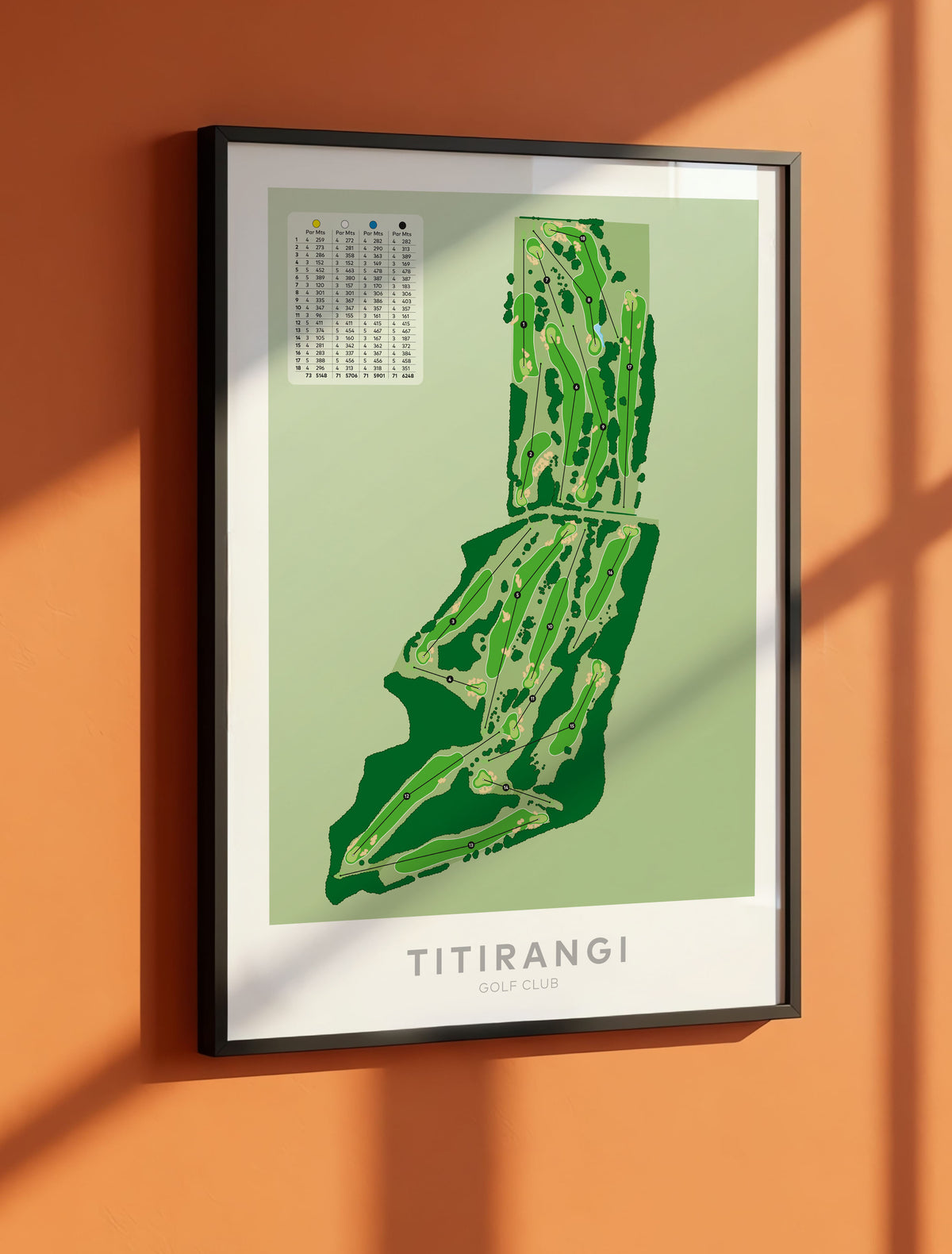 Black framed Minimalist fine art map of Titirangi Golf Course, Auckland, New Zealand