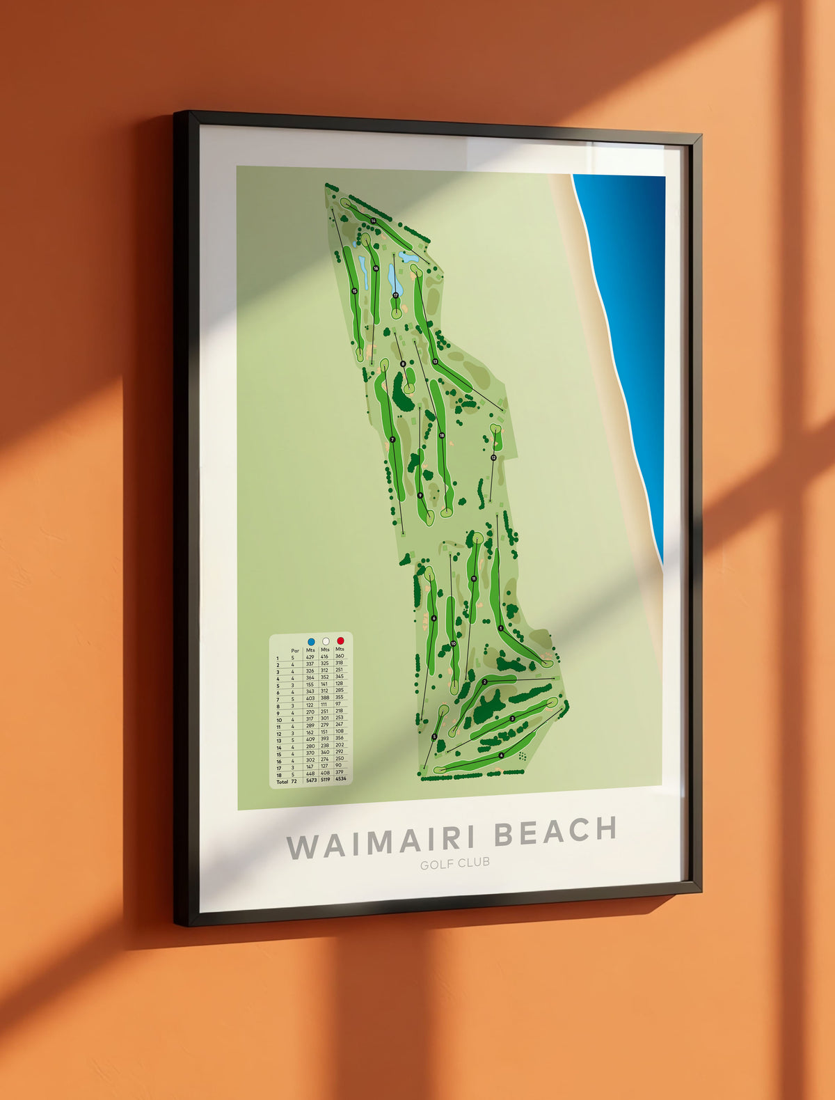 Black framed Minimalist fine art map of Waimairi Beach Golf Course, Christchurch, Canterbury, New Zealand