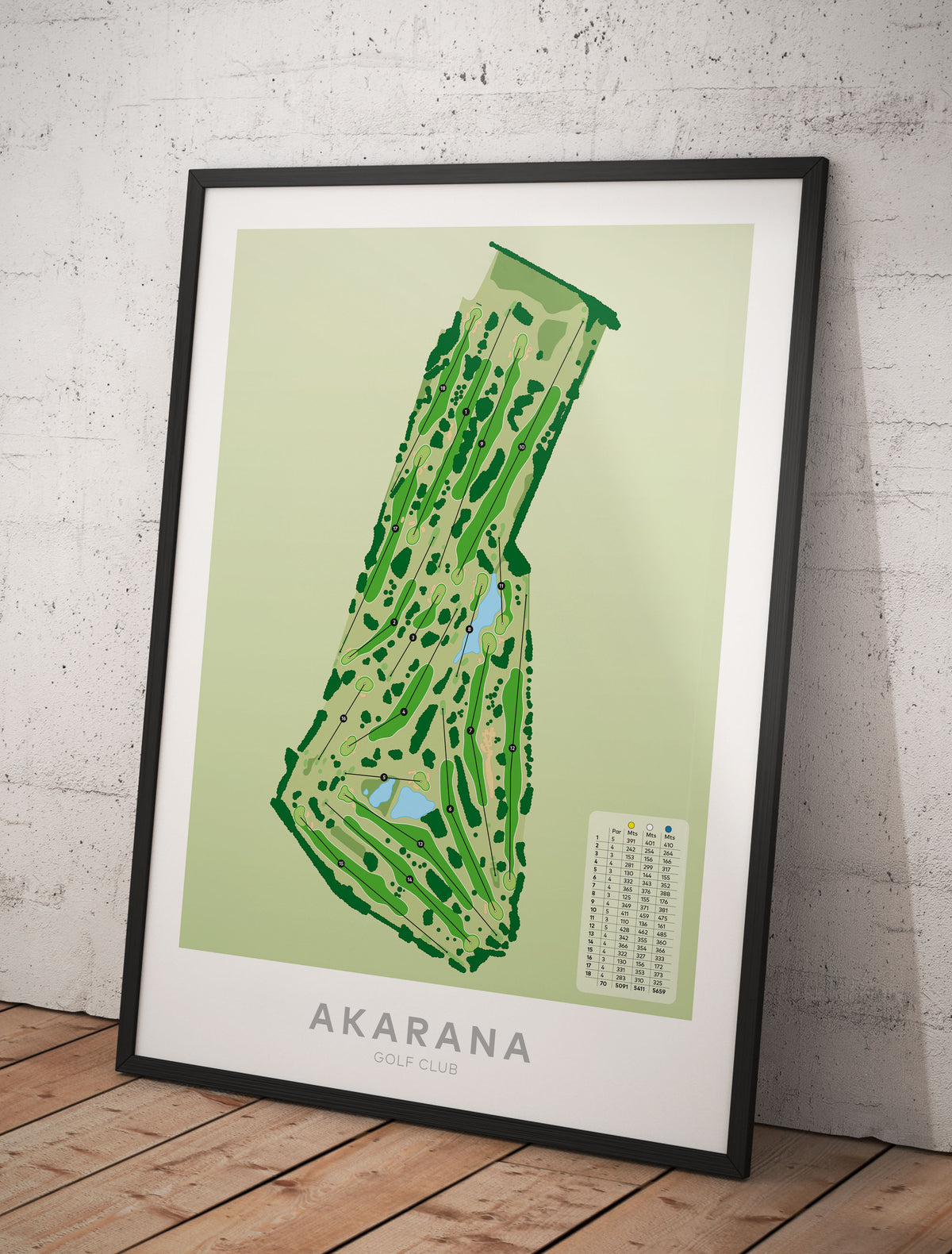 Black framed minimalist fine art map of Akarana Golf Course, Auckland, New Zealand