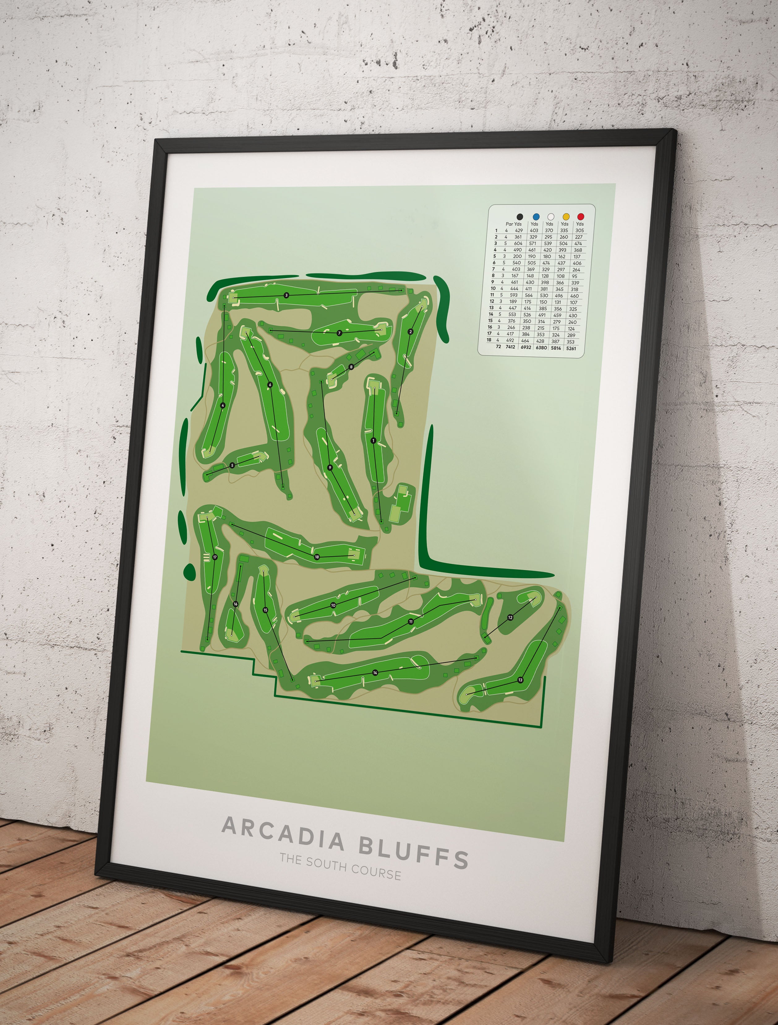 Black framed minimalist fine art map of Arcadia Bluffs South Golf Course, Michigan, Midwest, Manistee County, USA