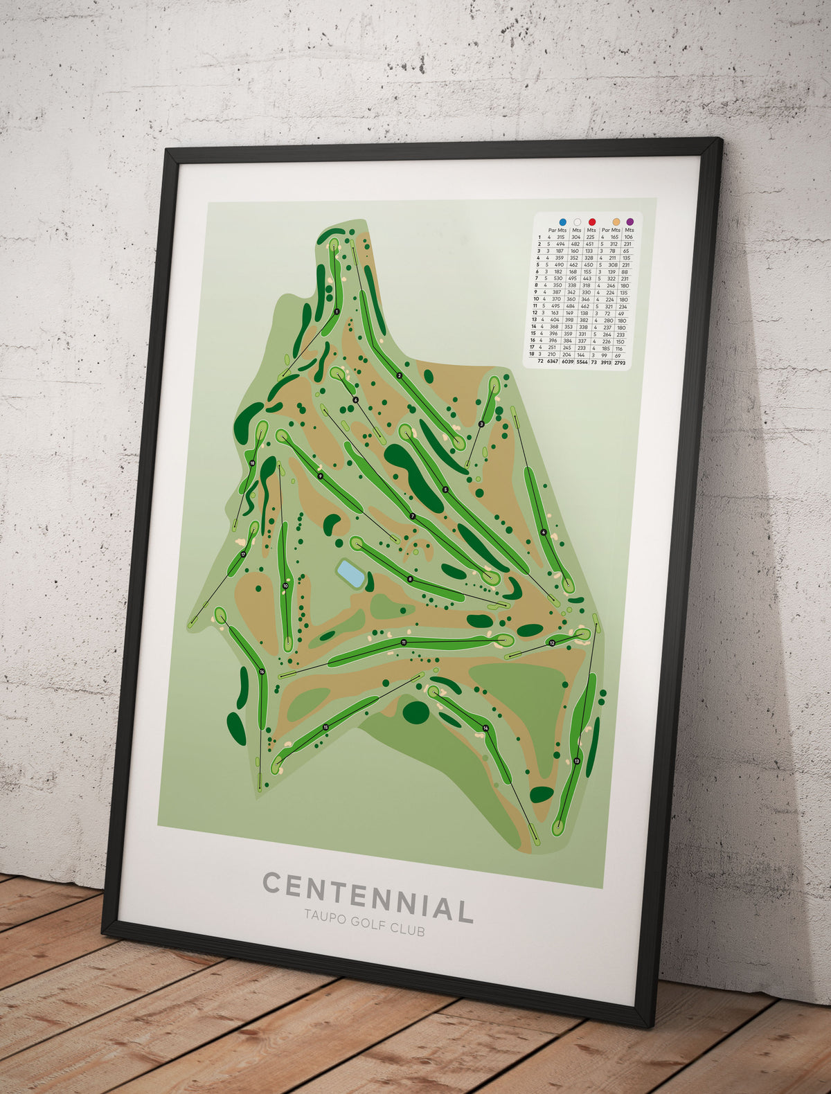 White framed Minimalist fine art map of Taupo - Centennial Golf Course, Waikato, New Zealand