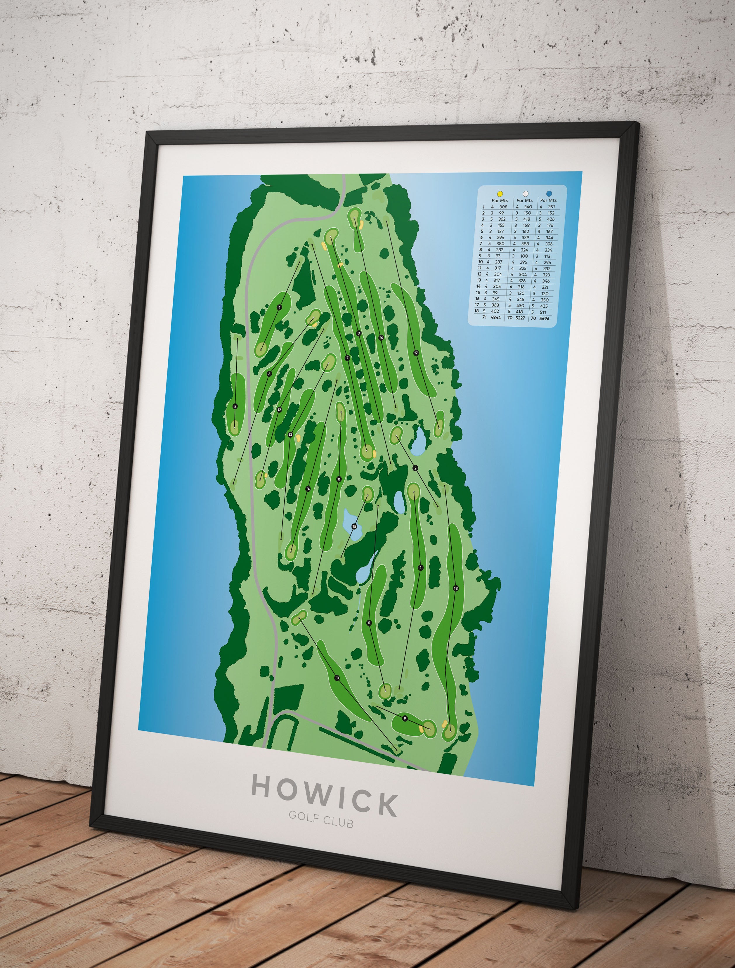 Black framed minimalist fine art map of Howick Golf Course, Auckland, New Zealand