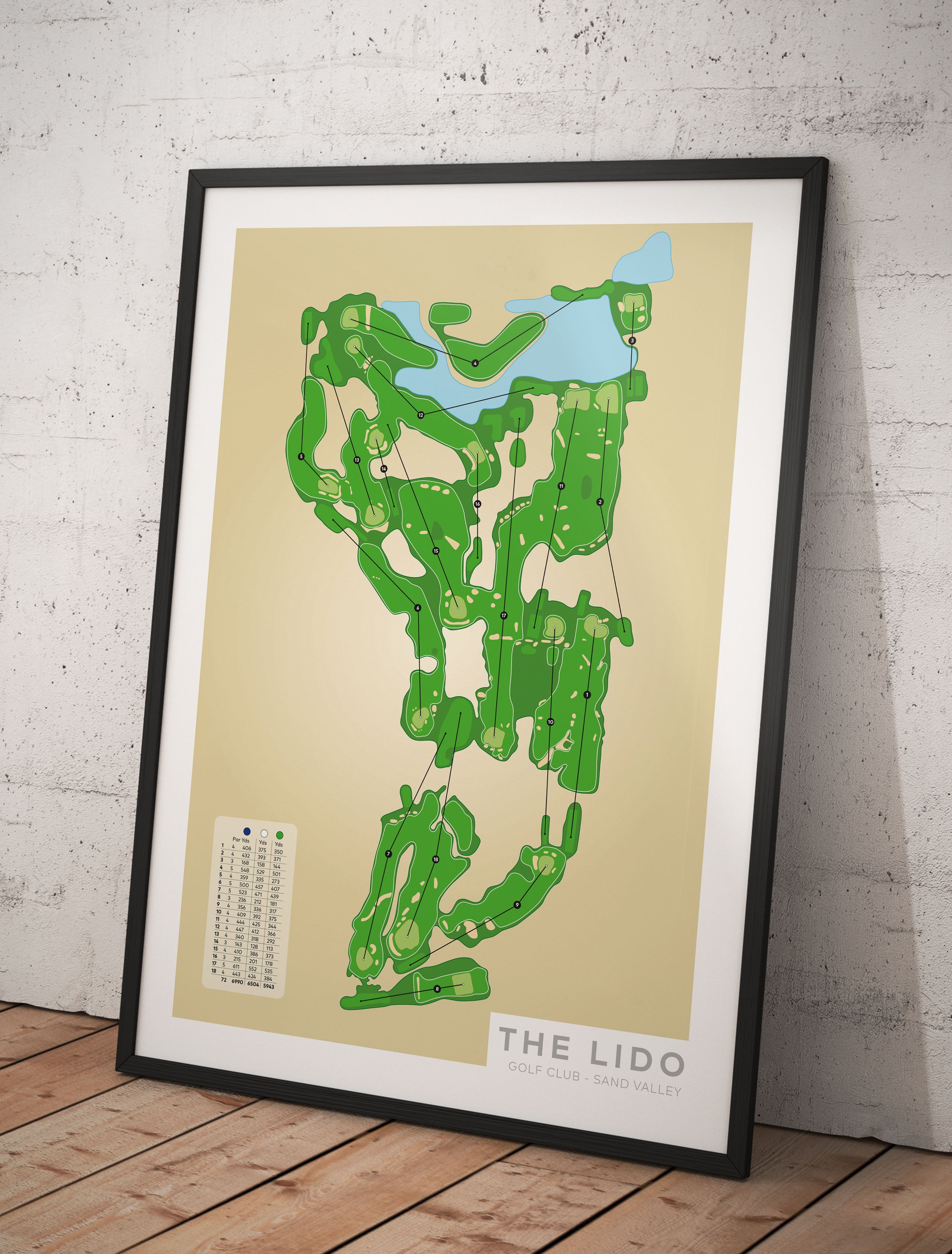 Black framed Minimalist fine art map of The Lido Golf Course, Sand Valley, Wisconsin, USA