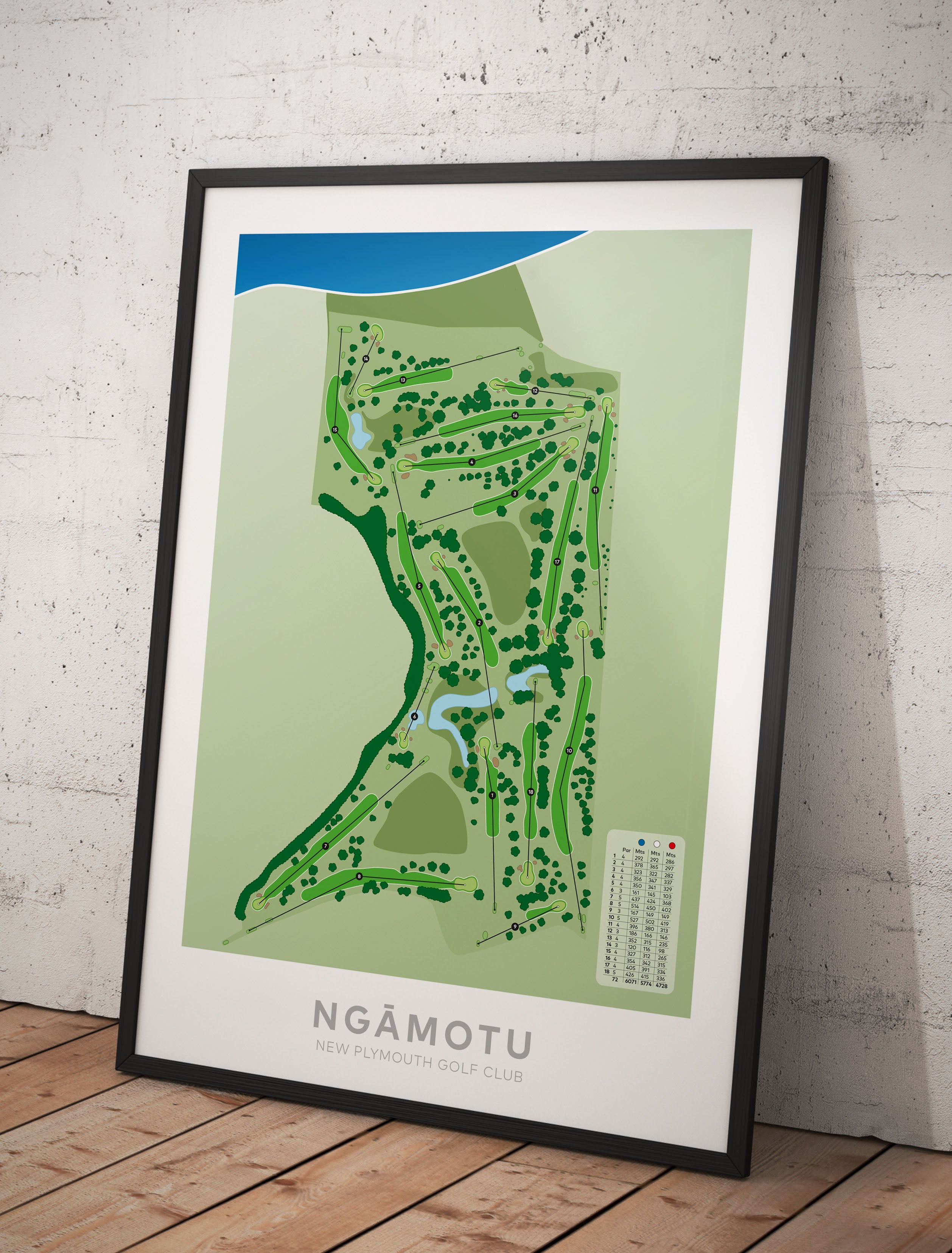 Black framed Minimalist fine art map of Te Ngutu Golf Course, Taranaki, New Zealand