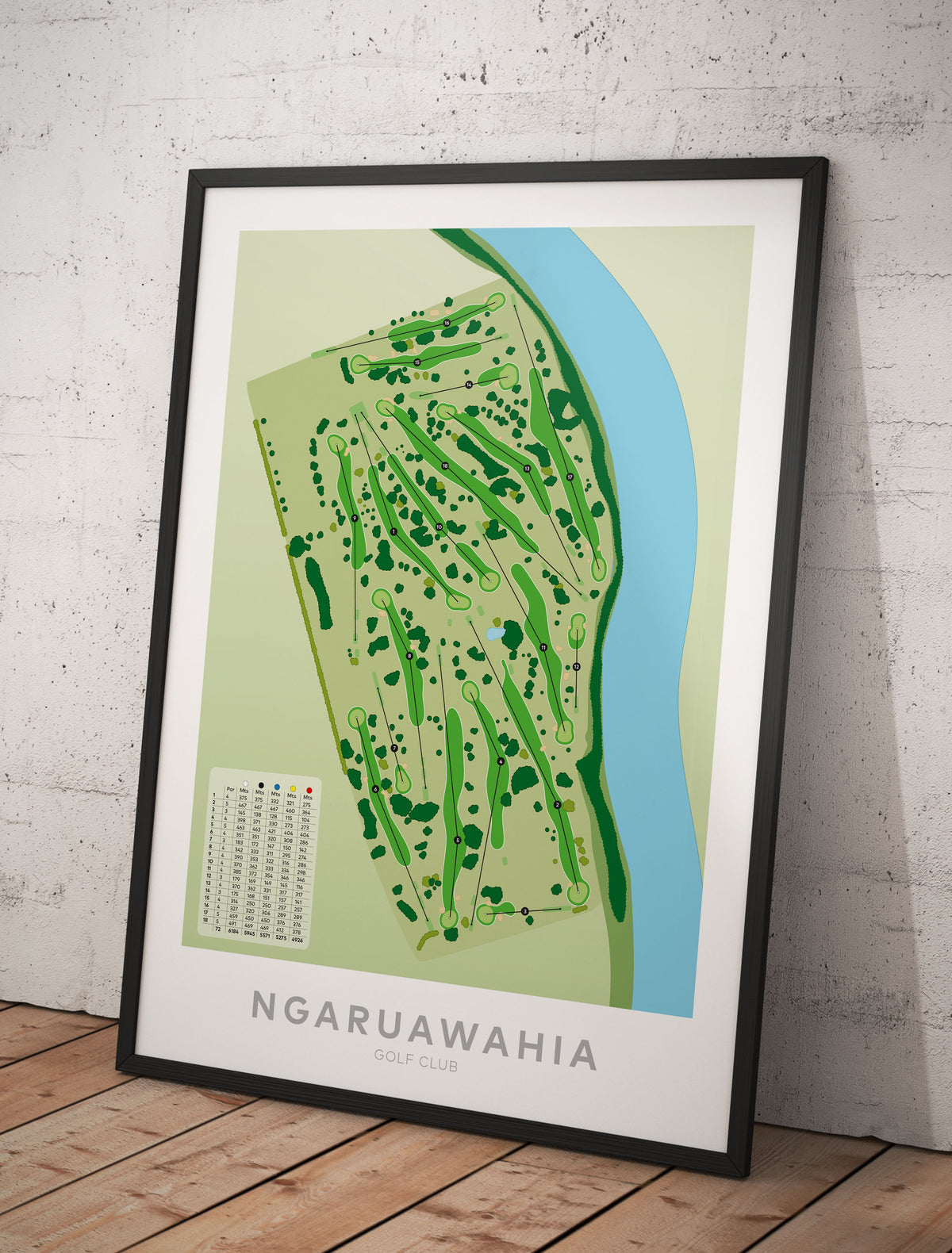 Black framed Minimalist fine art map of Ngaruawahia Golf Course, Hamilton, Waikato, New Zealand