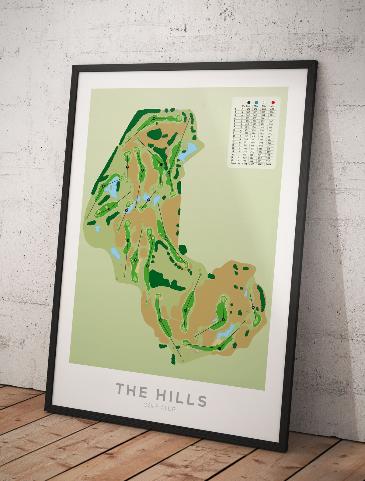 Black framed Minimalist fine art map of The Hills Golf Course, Queenstown Lakes region, Otago, New Zealand