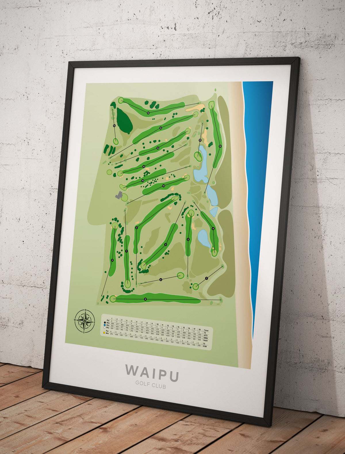 Black framed Minimalist fine art map of Waipu Golf Course, Northland, New Zealand