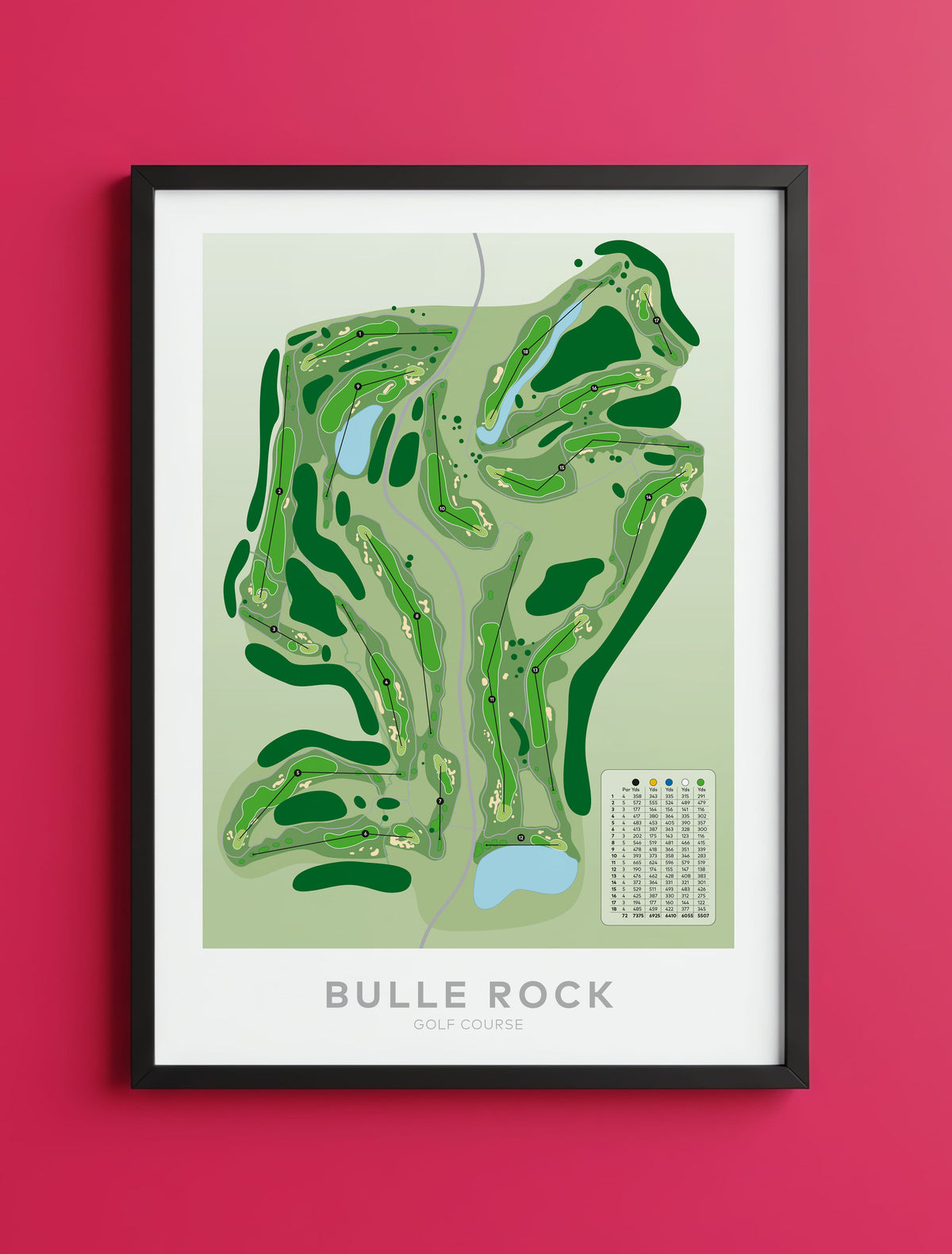 A framed golf course map print of Bulle Rock Golf Course, featuring a green and light green illustrated layout with blue water features and a small course legend, displayed against a solid pink wall.