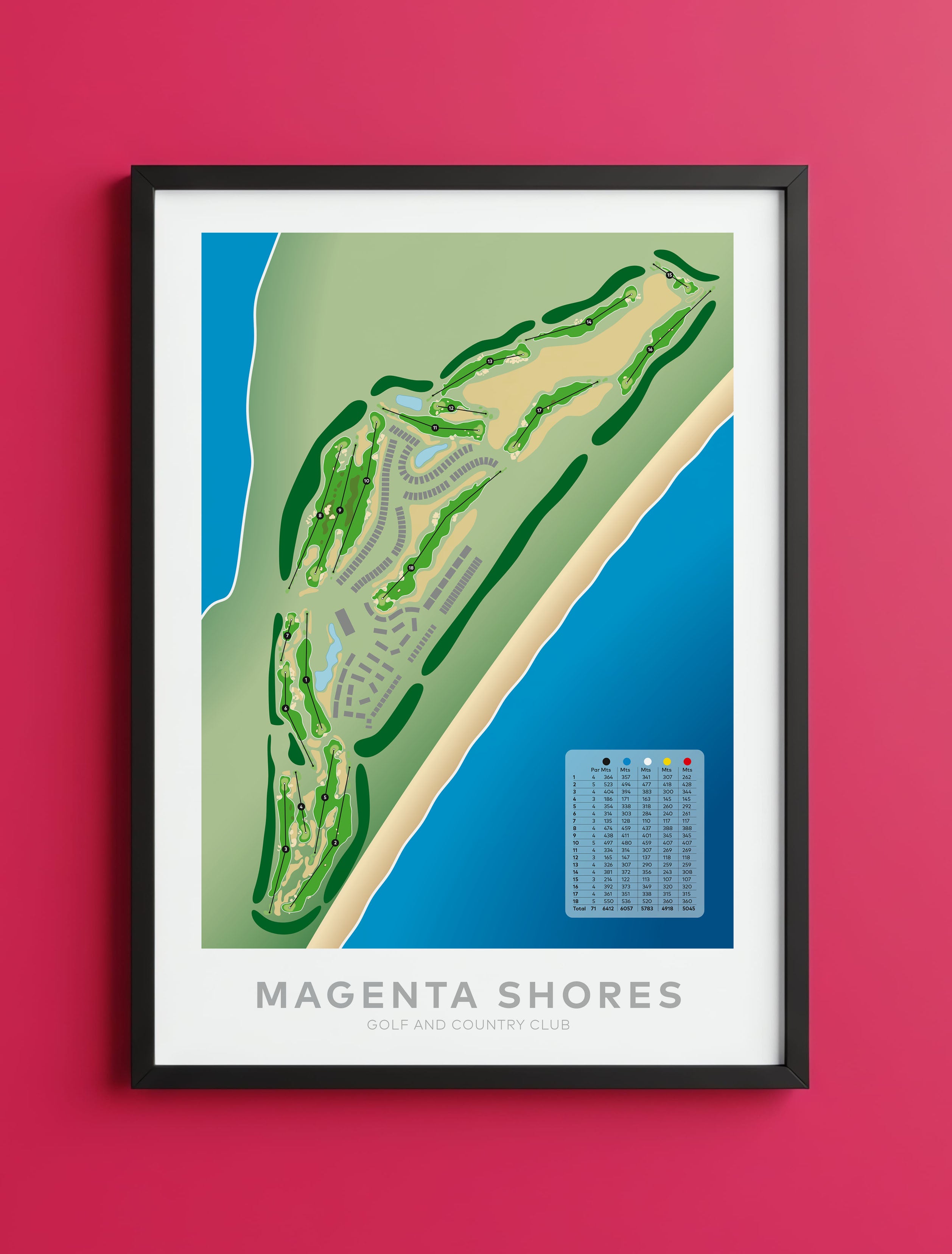 Black framed minimalist fine art map of Magenta Shores Golf Course, Central Coast, NSW, New South Wales, Australia-australia-golf-art