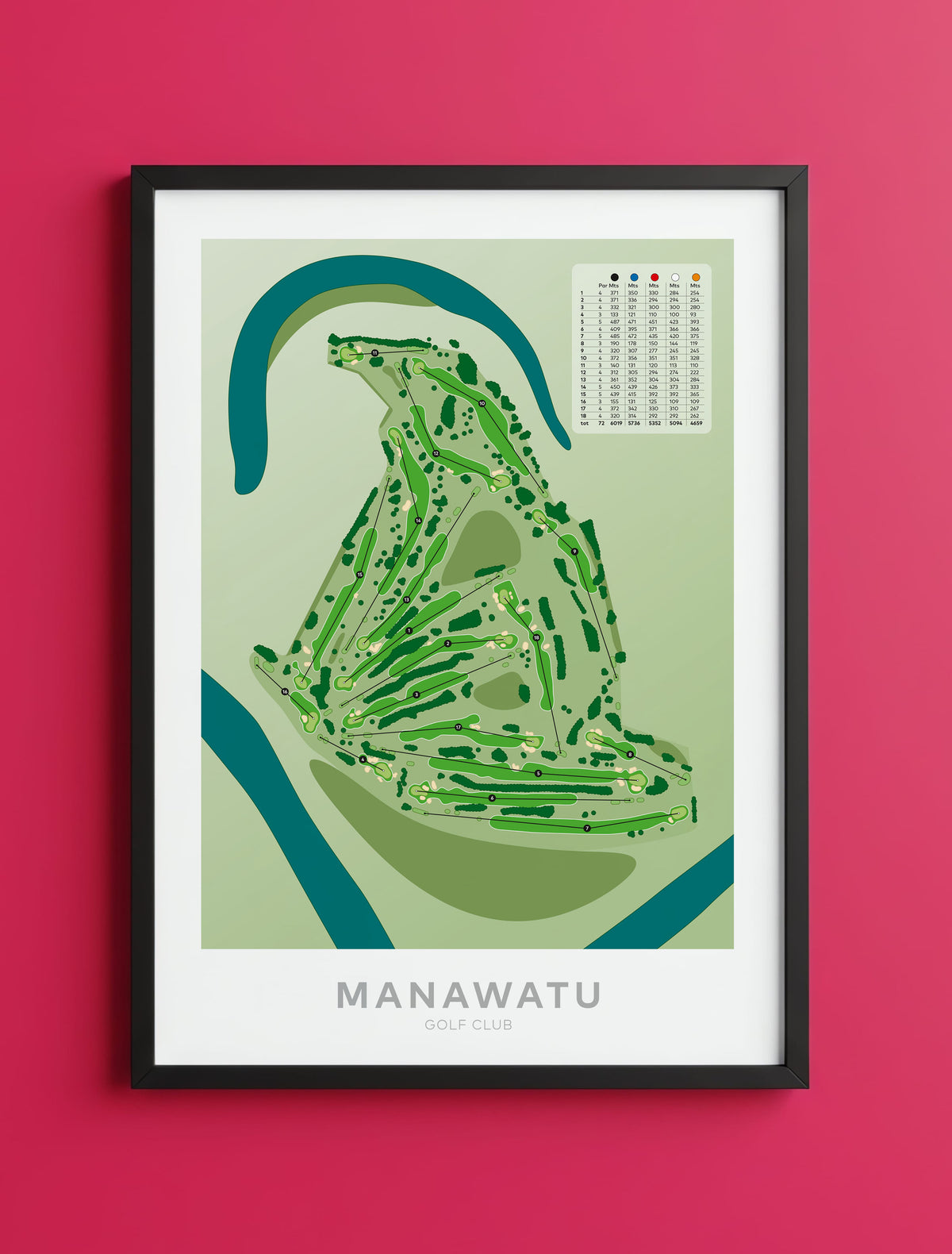Black framed minimalist fine art map of Manawatu Golf Course, Palmerston North, Taranaki, New Zealand.