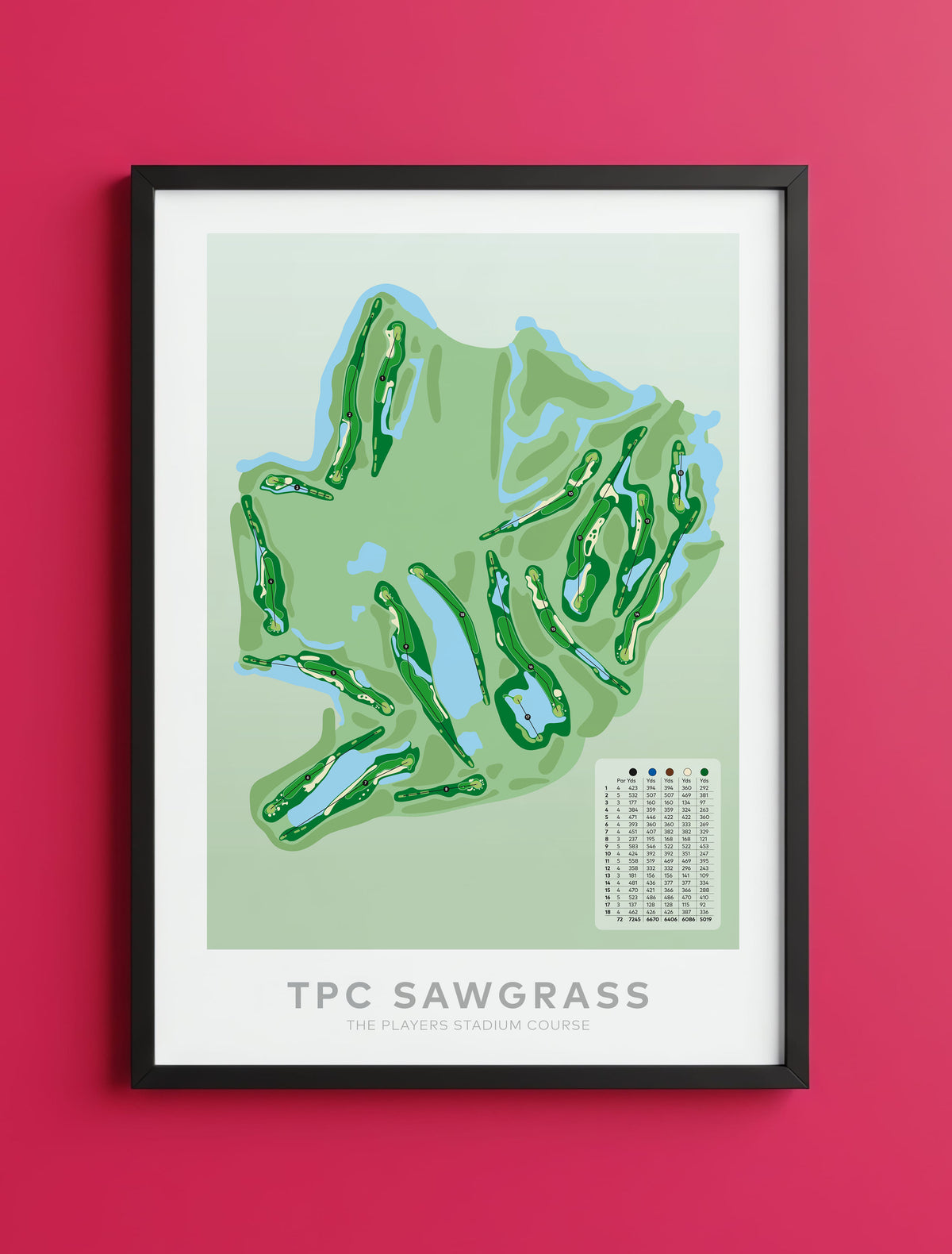 Black framed Minimalist fine art map of TPC Sawgrass Golf Course, Ponte Vedra Beach, Florida, USA