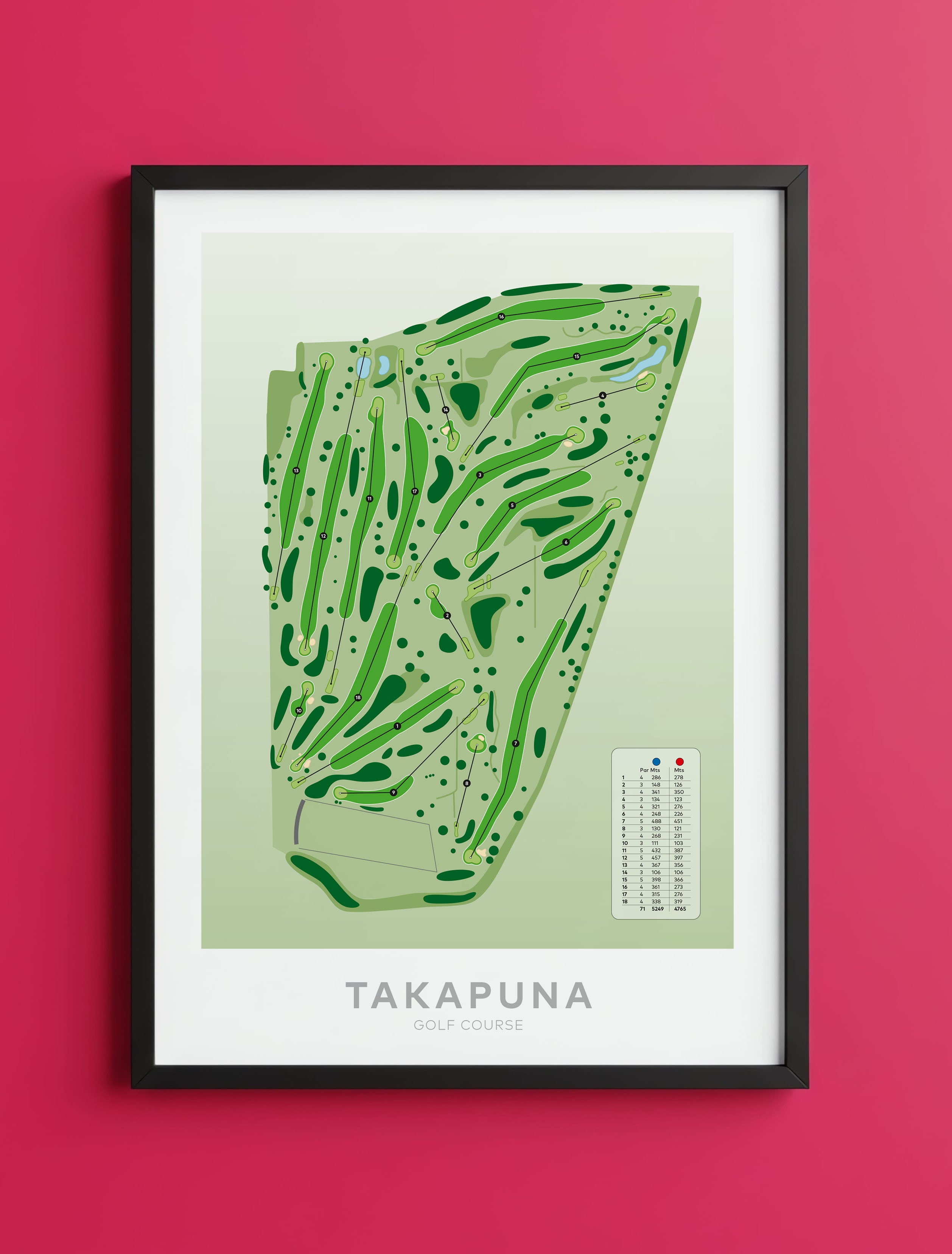 Black framed Minimalist fine art map of Takapuna Golf Course, Auckland, New Zealand