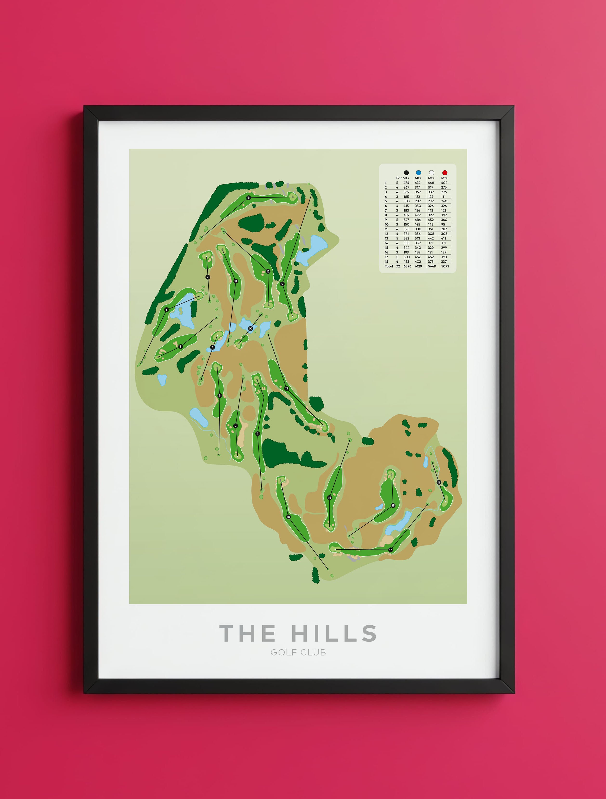 Black framed Minimalist fine art map of The Hills Golf Course, Queenstown Lakes region, Otago, New Zealand