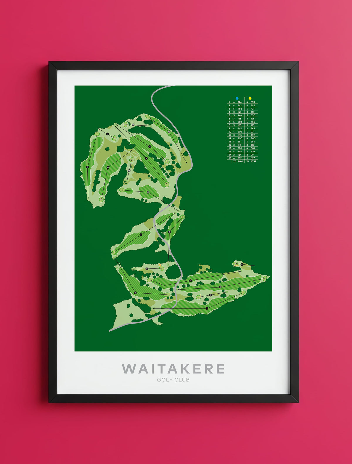 Black framed Minimalist fine art map of Waitakere Golf Course, Auckland, New Zealand