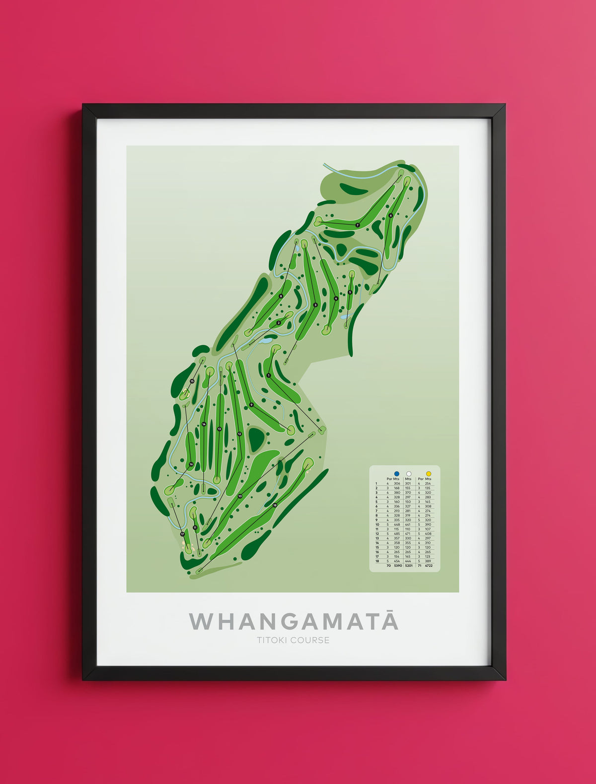 Black Framed minimalist golf course map of Whangamata Titoki Course, perfect wall decor and gift for golfers."